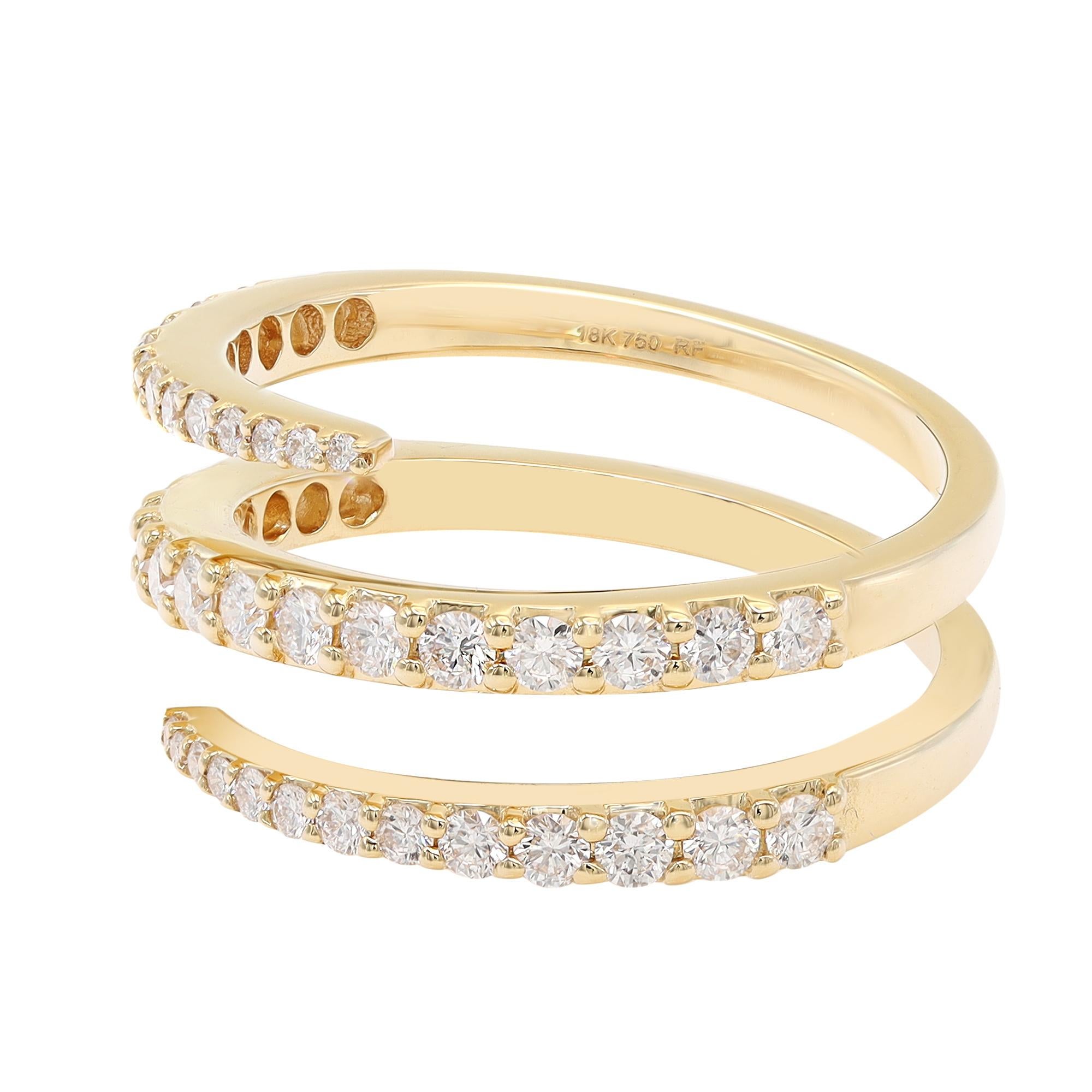 This beautiful spiral diamond ring is all about sparkle. Crafted in high polished 18k yellow gold. This style features multi rows of round cut shimmering diamonds in prong setting. Total diamond weight: 0.76 carat. Diamond quality: G-H color and