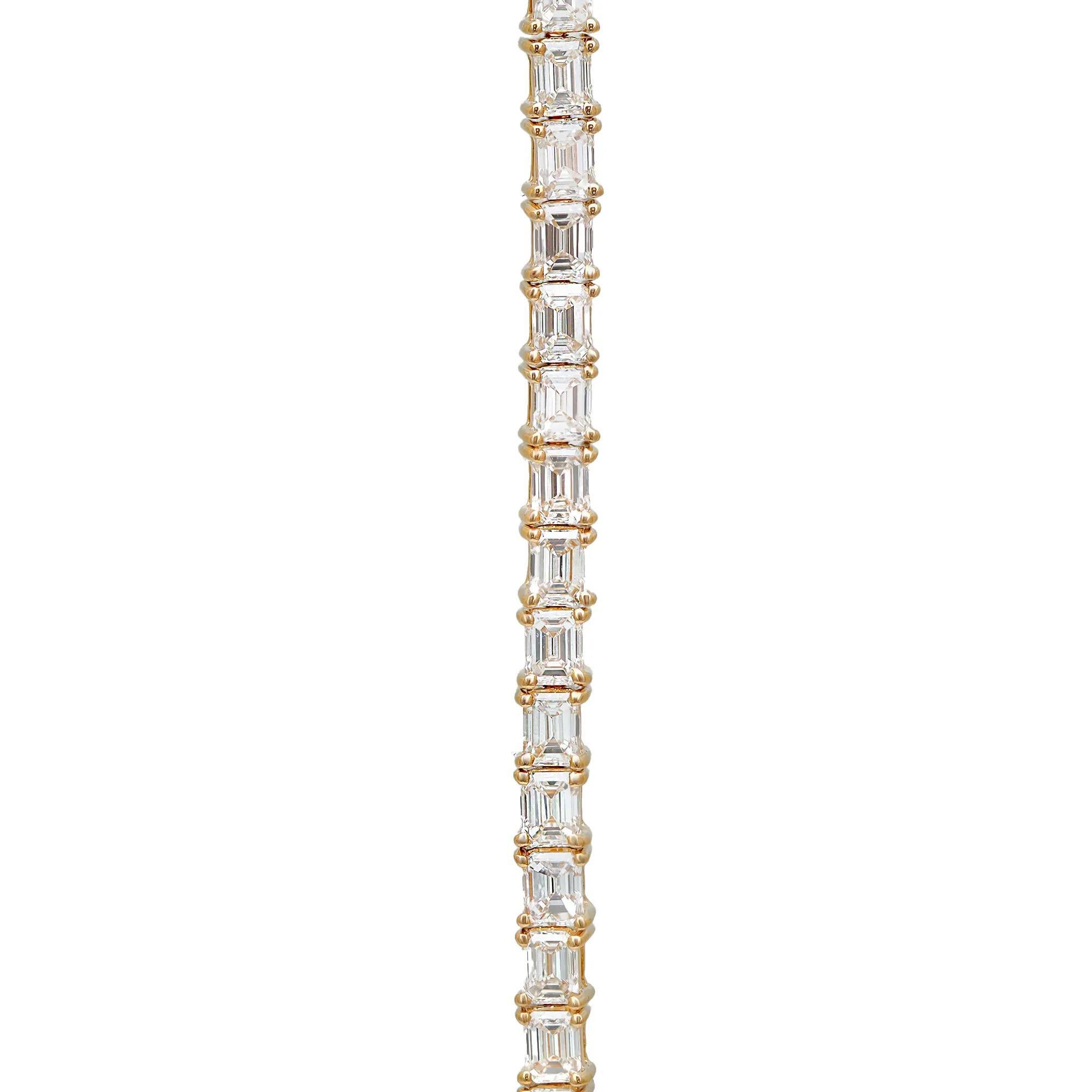 Modern Prong Set Emerald Cut Diamond Tennis Bracelet 18K Yellow Gold 5.16Cttw 7 Inches For Sale