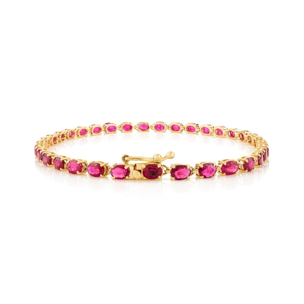 Moderne Bracelet de tennis en or jaune 14k serti d'un rubis de taille ovale Bijoux fins en vente