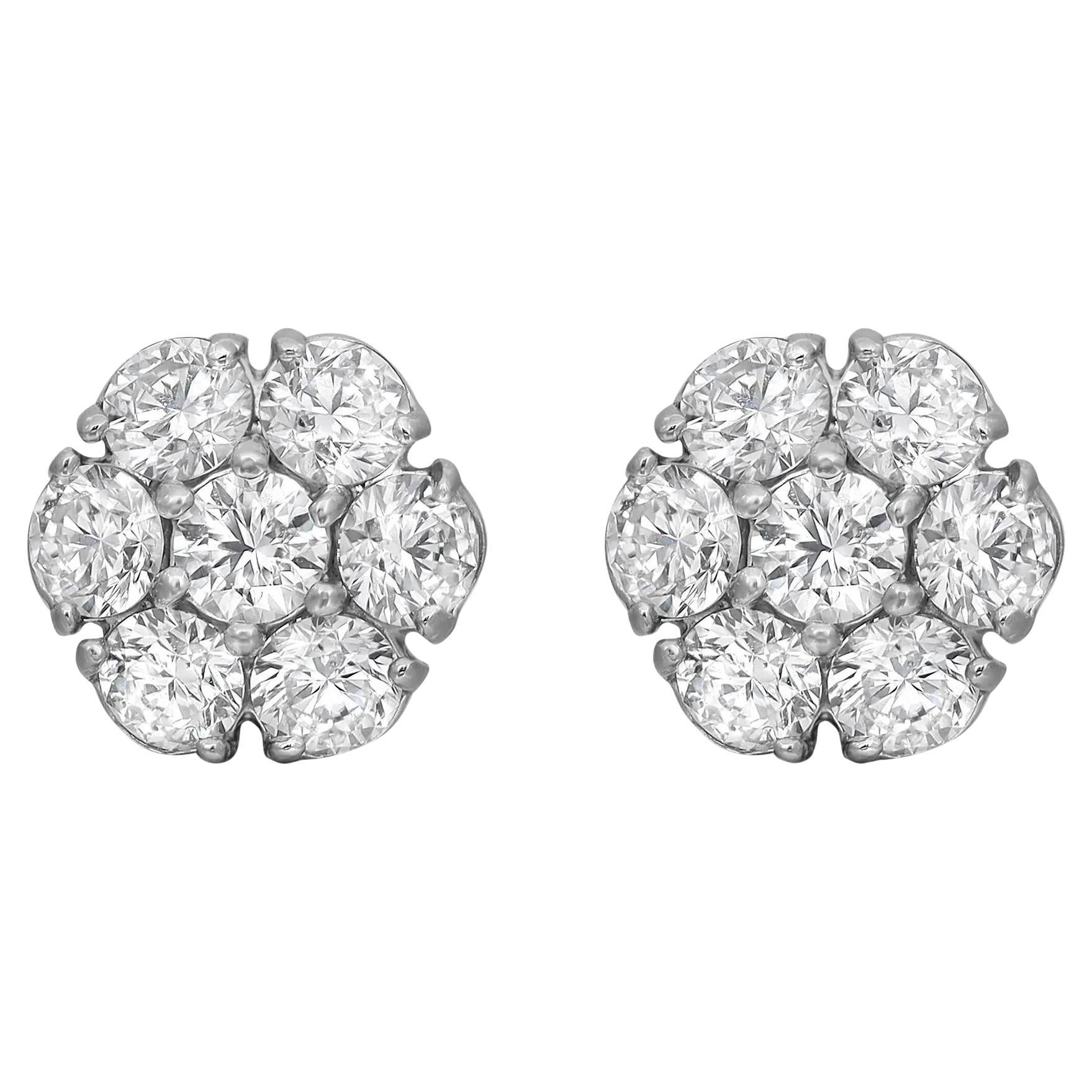 Prong Set Round Cut Diamond Cluster Flower Stud Earrings 14K White Gold 2.14Ctw