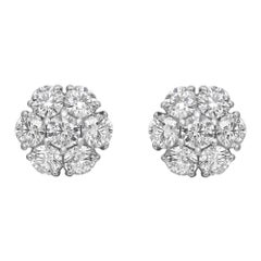 Prong Set Round Cut Diamond Cluster Flower Stud Earrings 14K White Gold 2.94Cttw