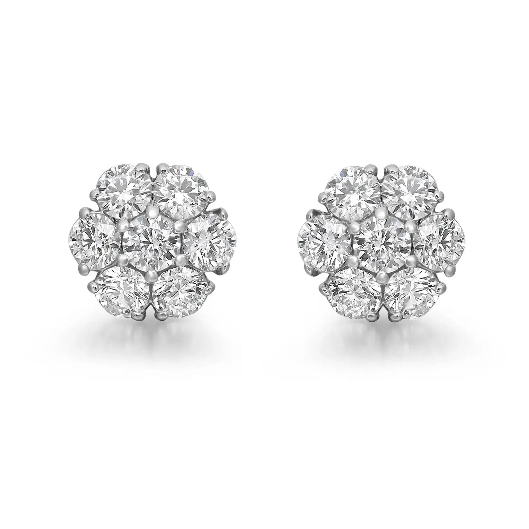 Prong Set Round Cut Diamond Cluster Flower Stud Earrings 14K White Gold 2.94Cttw