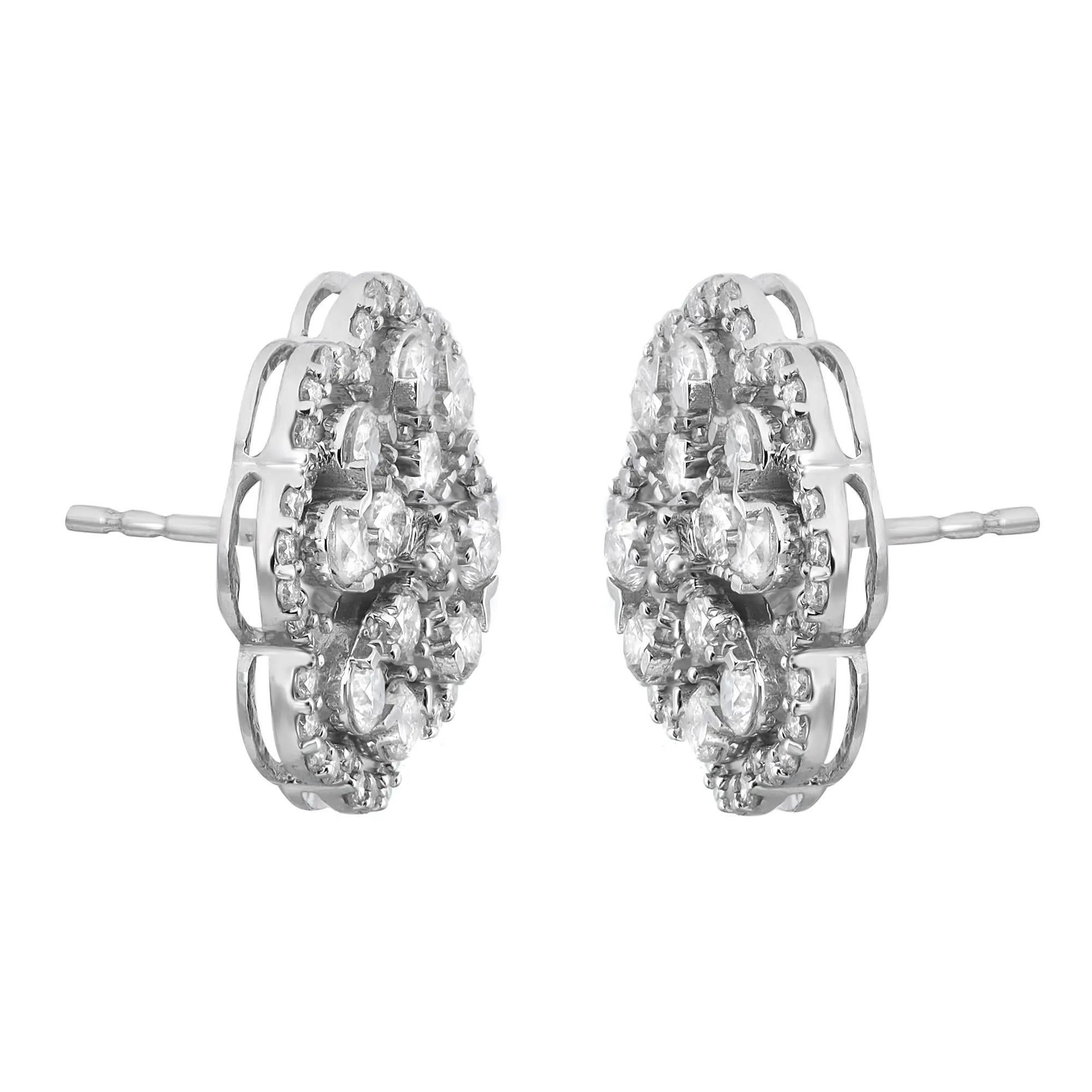 Modern Prong Set Round Cut Diamond Flower Stud Earrings 14K White Gold 2.57Cttw For Sale