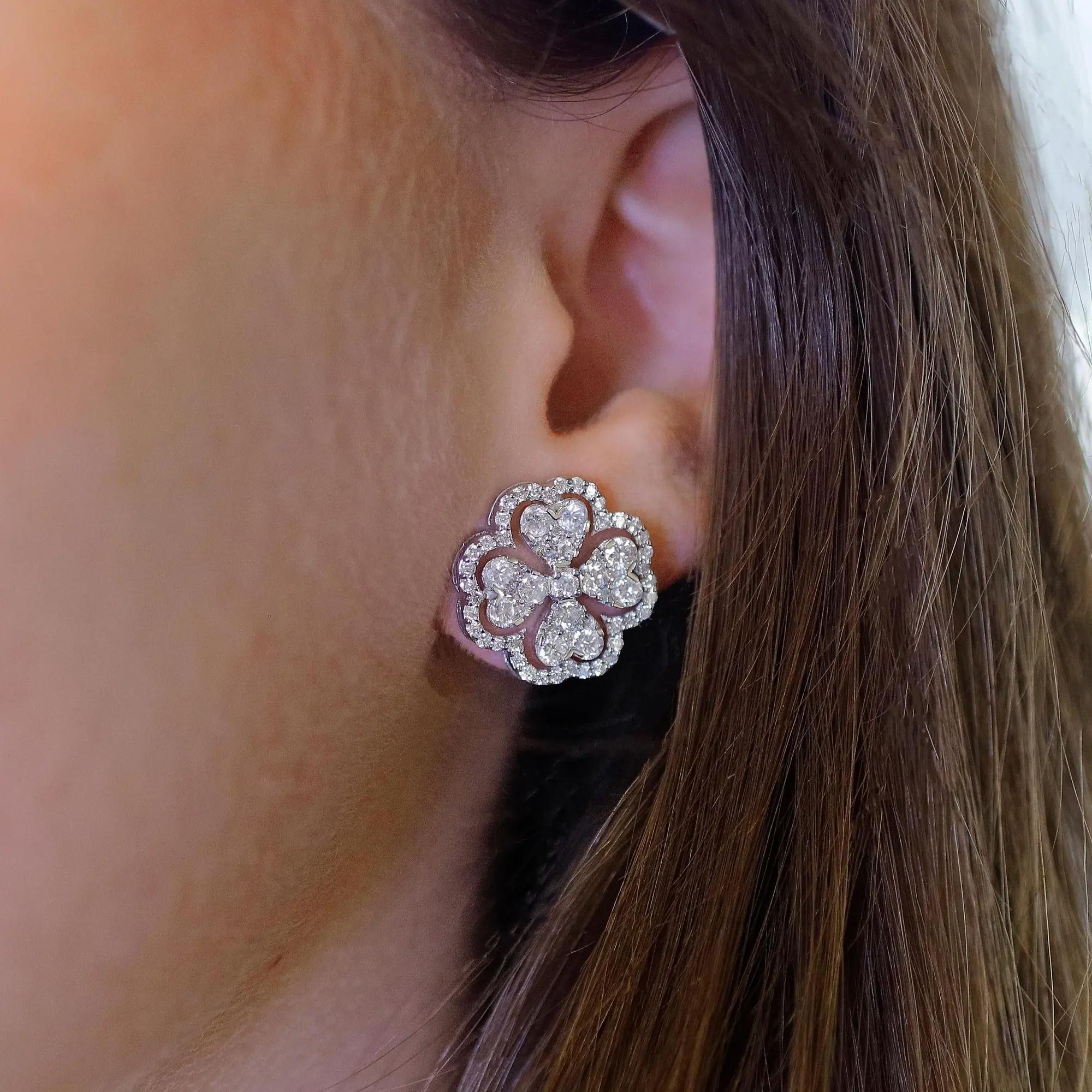 Prong Set Round Cut Diamond Flower Stud Earrings 14K White Gold 2.57Cttw In New Condition For Sale In New York, NY