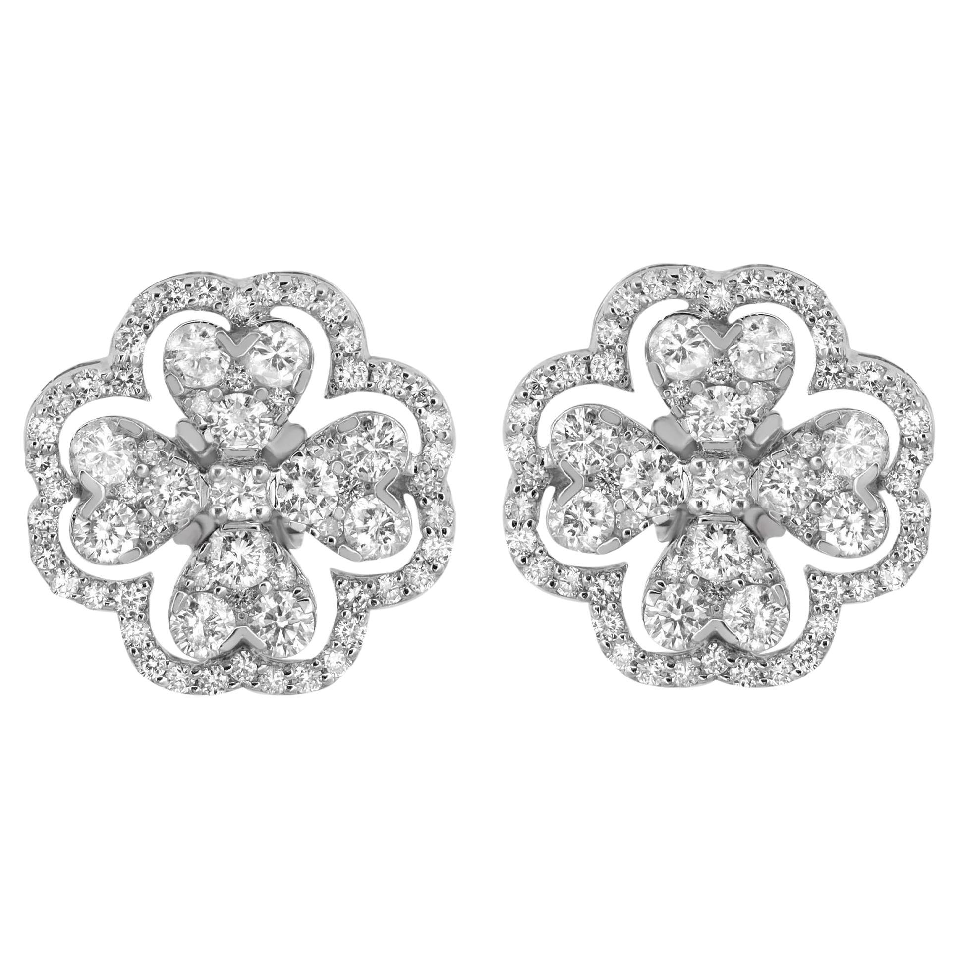 Prong Set Round Cut Diamond Flower Stud Earrings 14K White Gold 2.57Cttw