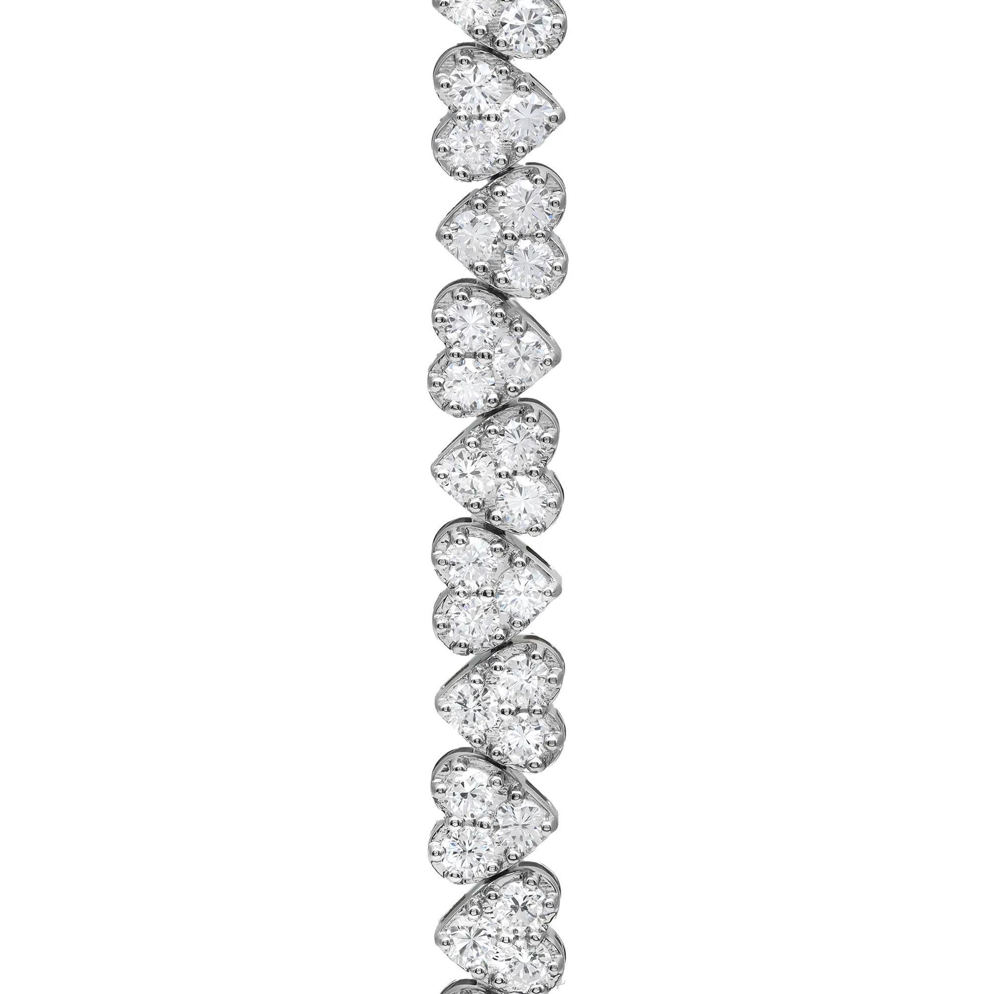 Modern Prong Set Round Cut Diamond Heart Link Tennis Bracelet 18K White Gold 6.48Cttw For Sale