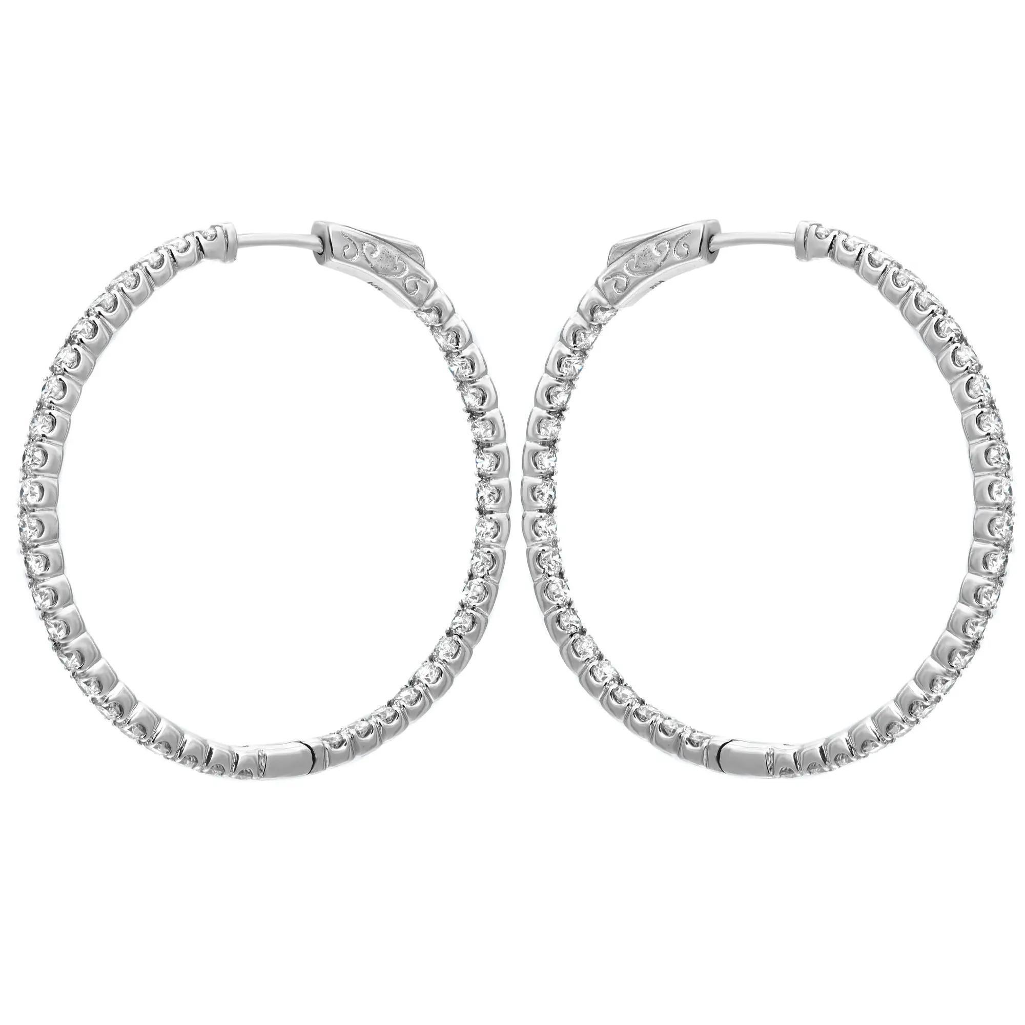 Prong Set Round Cut Diamond Inside Out Hoop Earrings 14K White Gold 2.79Cttw  In New Condition For Sale In New York, NY