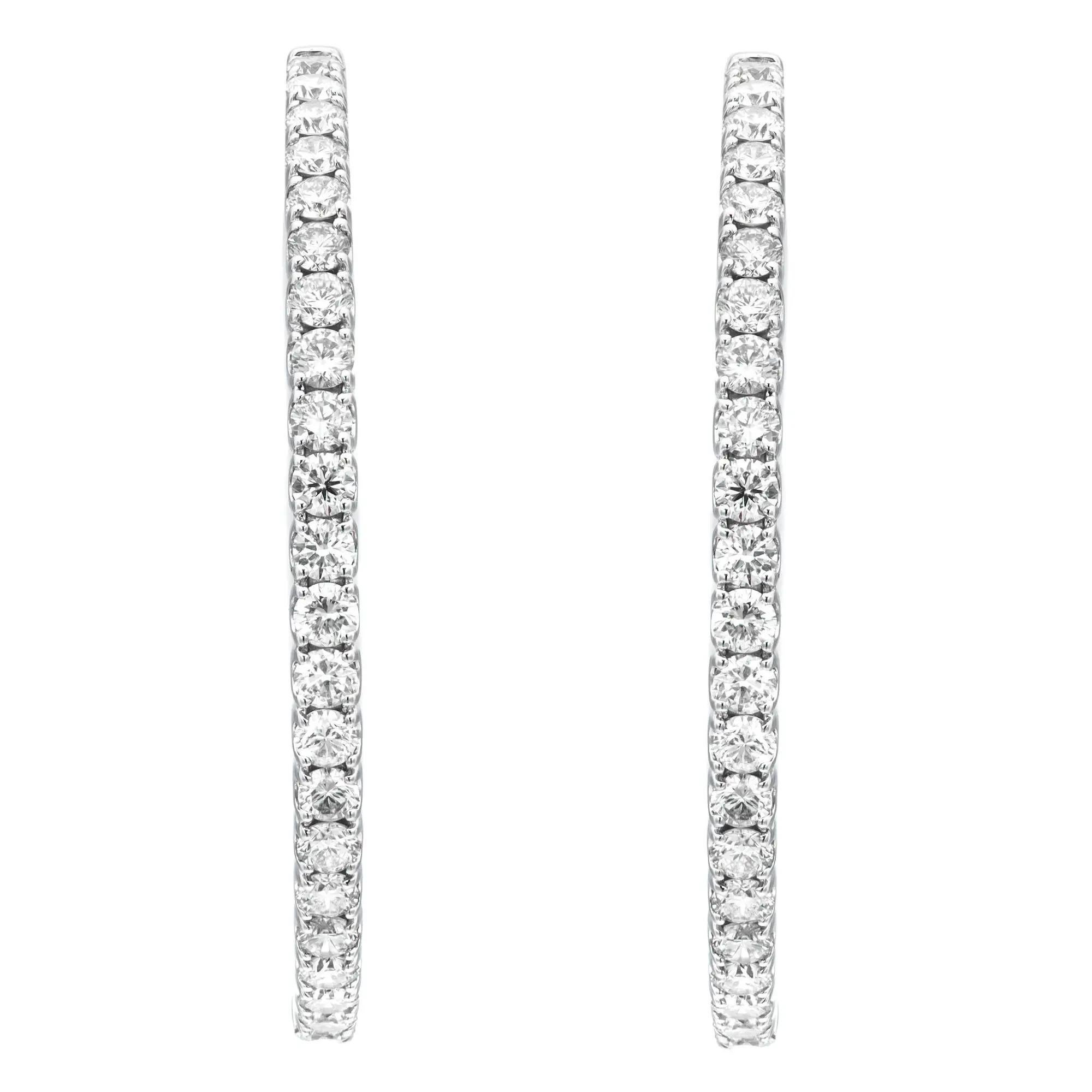 Women's Prong Set Round Cut Diamond Inside Out Hoop Earrings 14K White Gold 2.79Cttw  For Sale