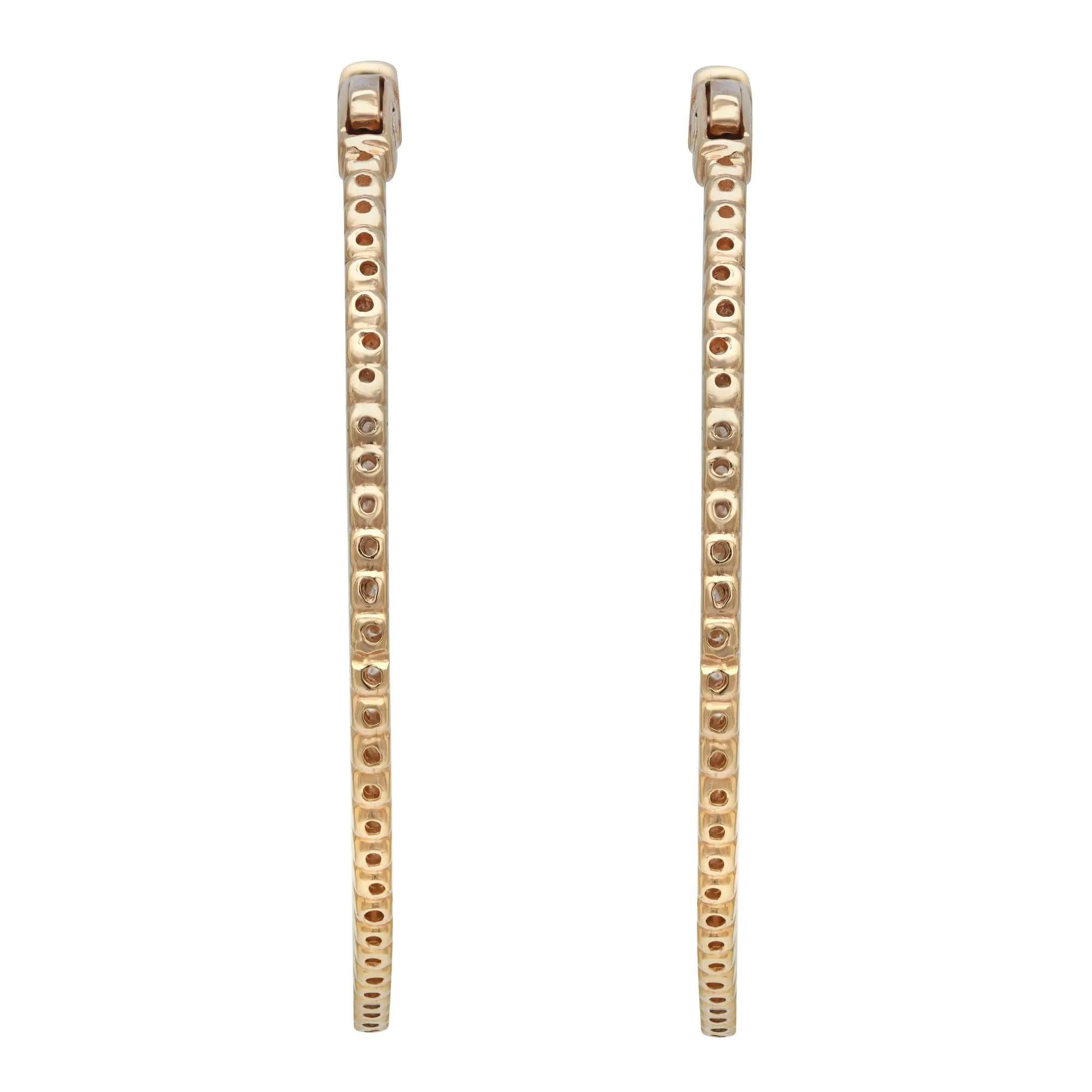 Modern Prong Set Round Cut Diamond Inside Out Hoop Earrings 14K Yellow Gold 1.96Cttw  For Sale