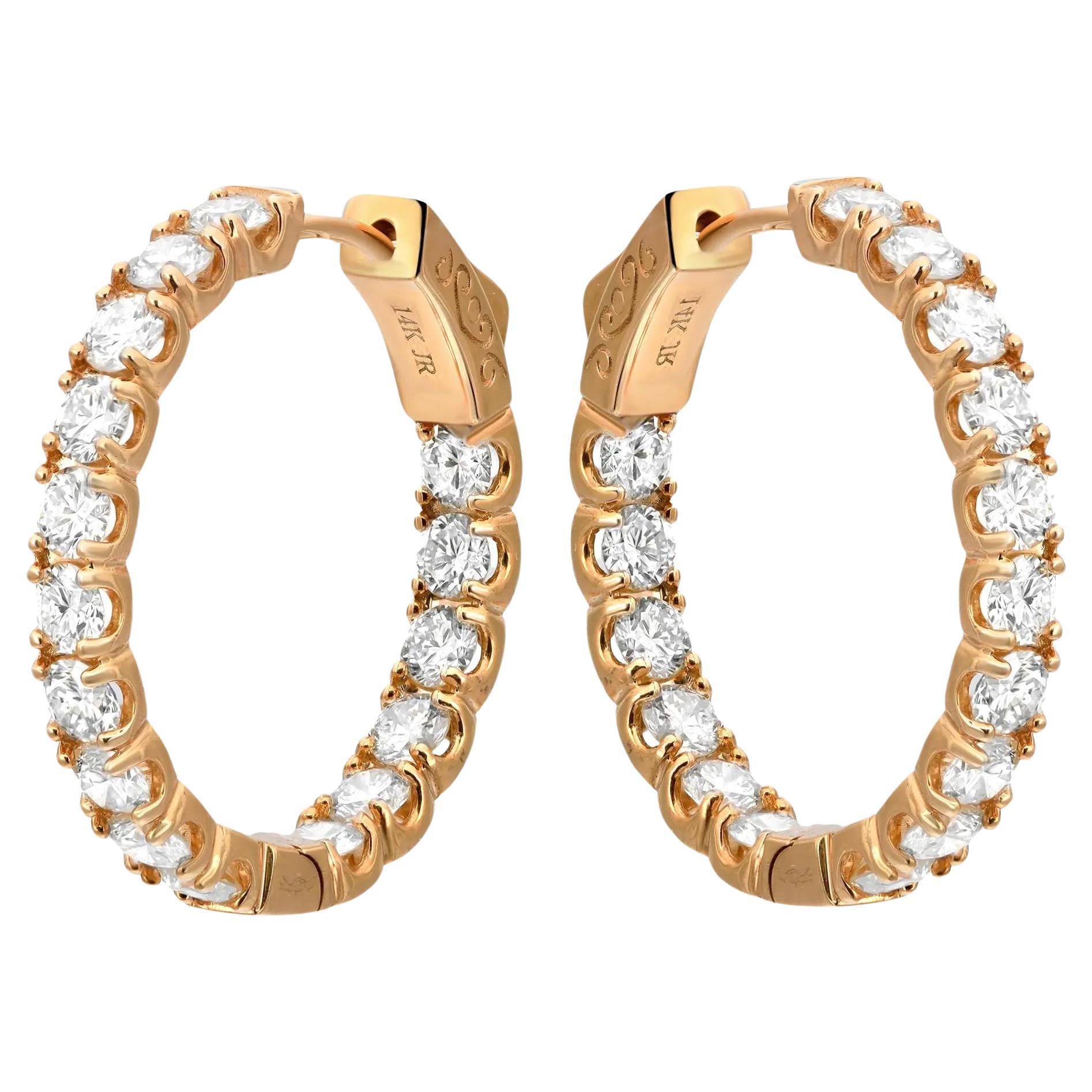 Prong Set Round Cut Diamond Inside Out Hoop Earrings 14K Yellow Gold 3.19Cttw  For Sale