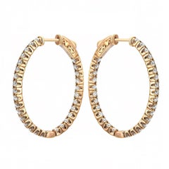 Prong Set Round Cut Diamond Inside Out Oval Hoop Earrings 14K Yellow Gold 2.90Ct