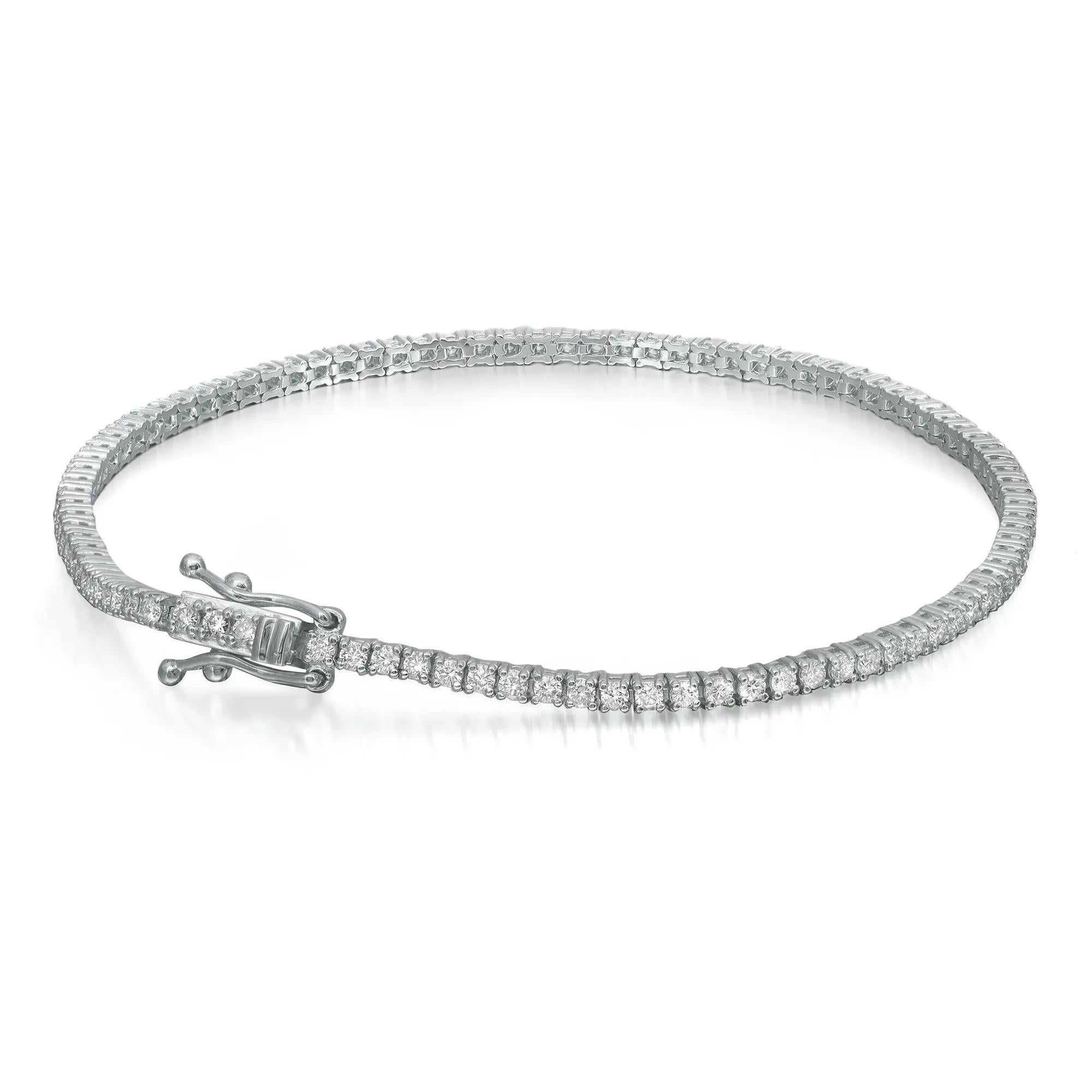 Prong Set Round Cut Diamond Tennis Bracelet 14K White Gold 0.95Cttw 7 Inches  In New Condition For Sale In New York, NY