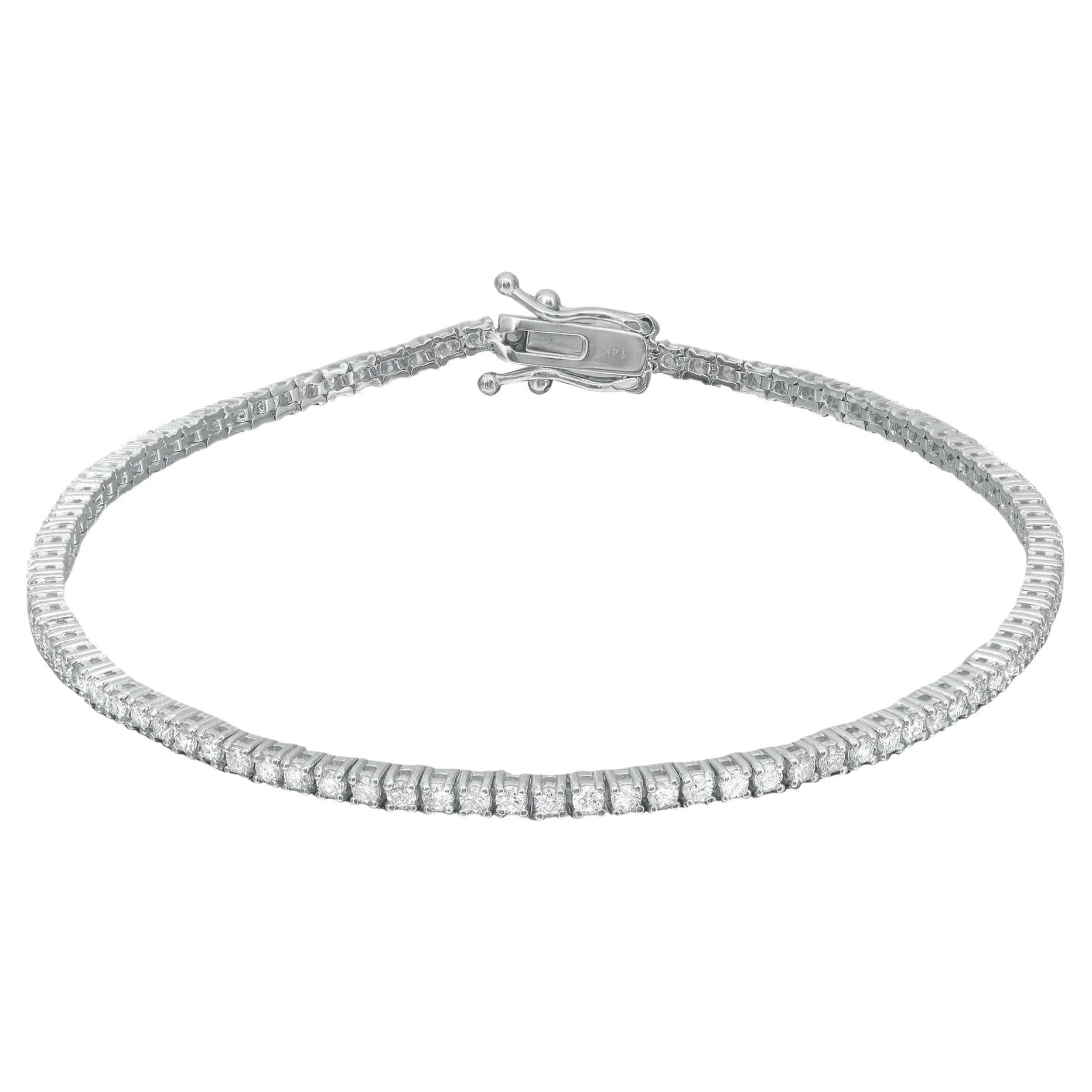 Prong Set Round Cut Diamond Tennis Bracelet 14K White Gold 0.95Cttw 7 Inches  For Sale