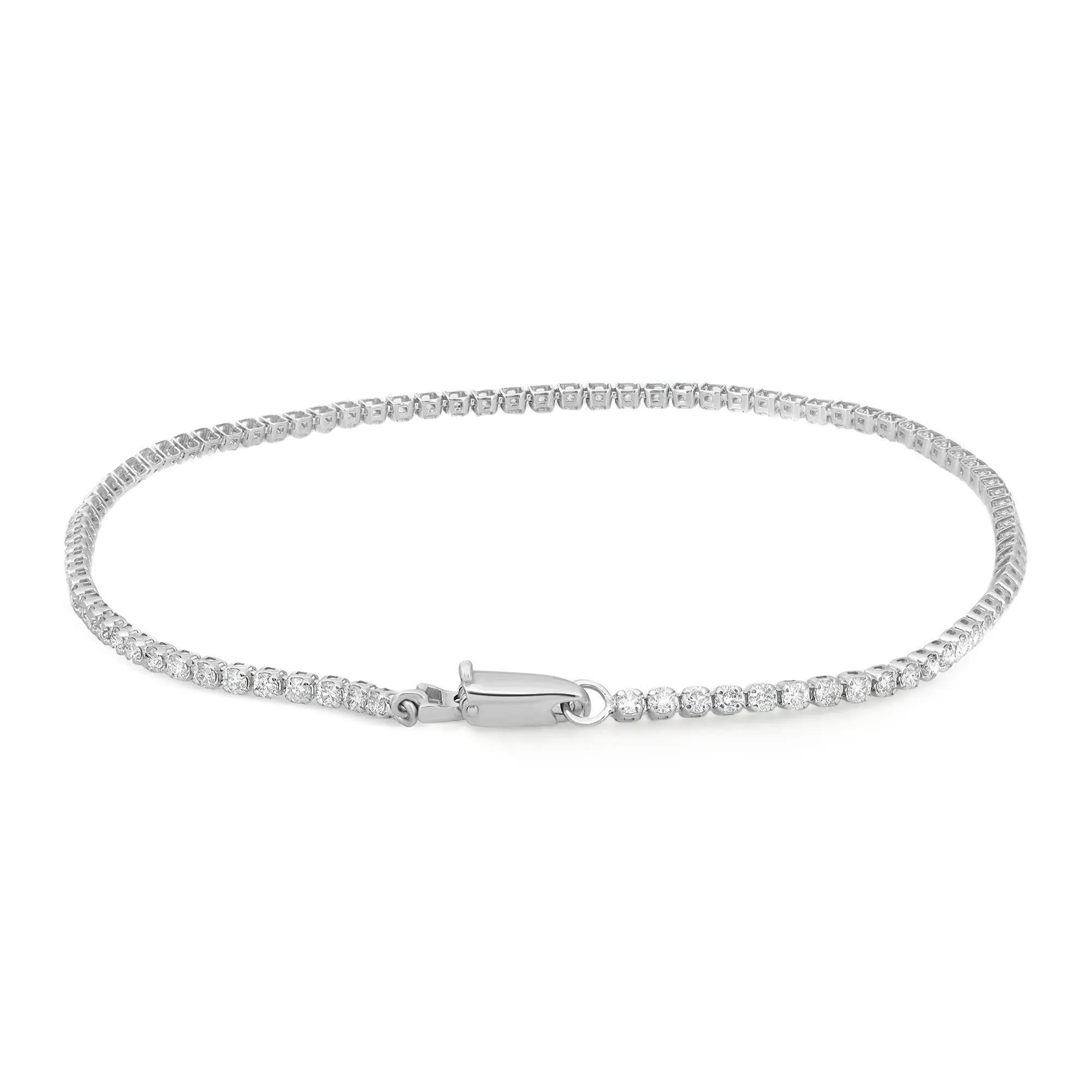 This exquisite petite Rachael Koen tennis bracelet features round brilliant cut diamonds in prong setting style crafted in 14k white gold. Feminine and super stackable handmade modern creation is a great addition to your jewelry collection. Total
