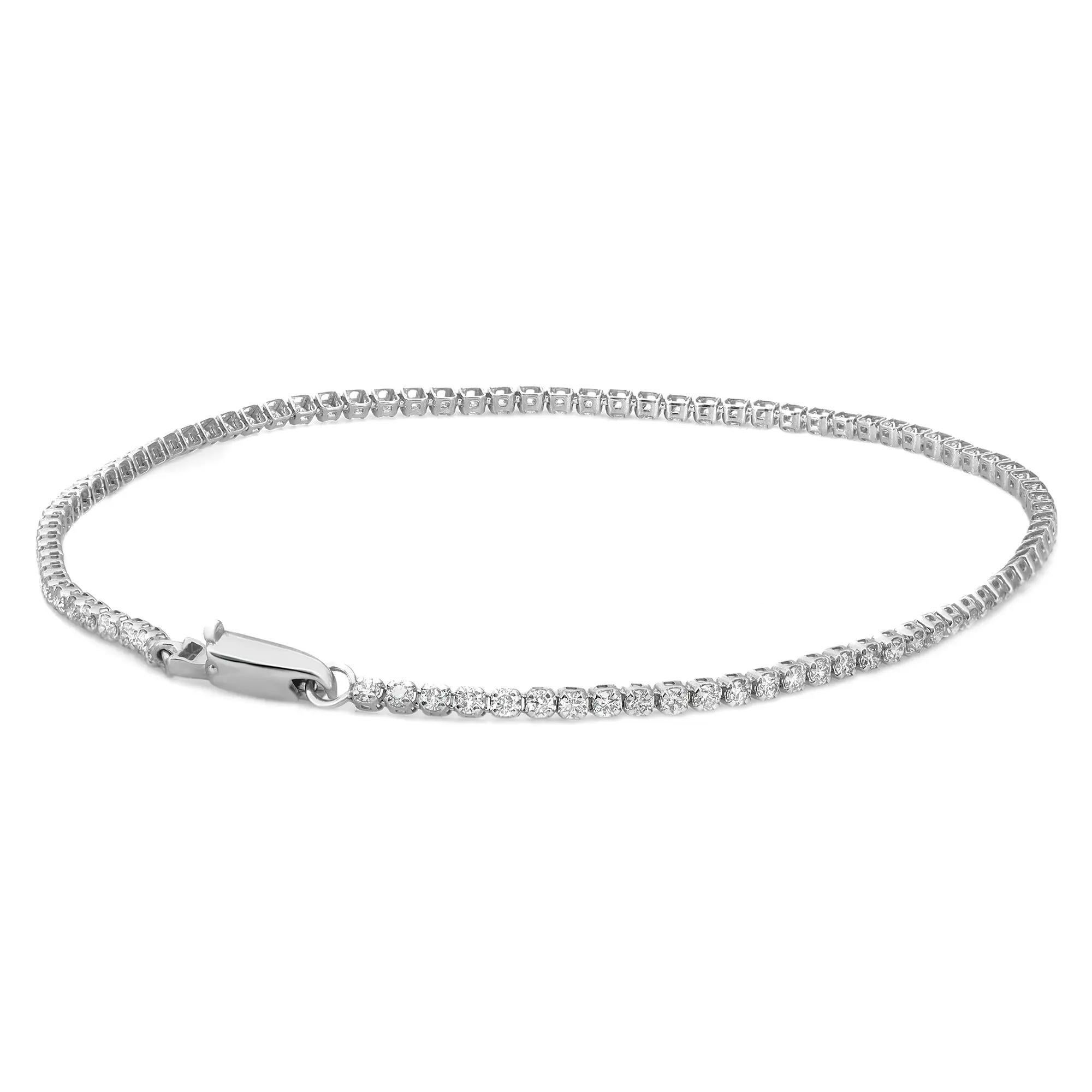 Prong Set Round Cut Diamond Tennis Bracelet 14K White Gold 1.02Ctw 7 Inches In New Condition For Sale In New York, NY