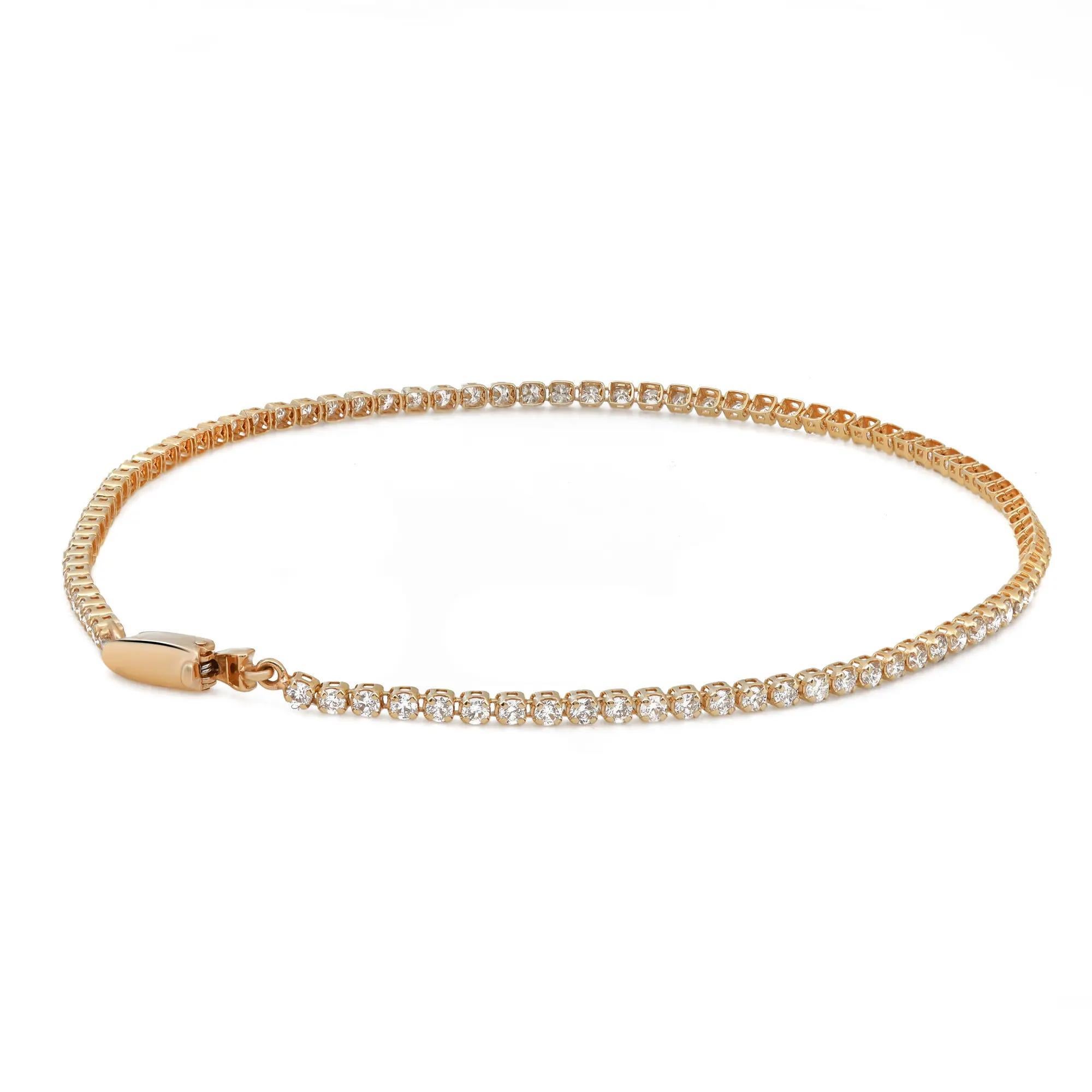 This exquisite petite Rachael Koen tennis bracelet features round brilliant cut diamonds in prong setting style crafted in 14k yellow gold. Feminine and super stackable handmade modern creation is a great addition to your jewelry collection. Total