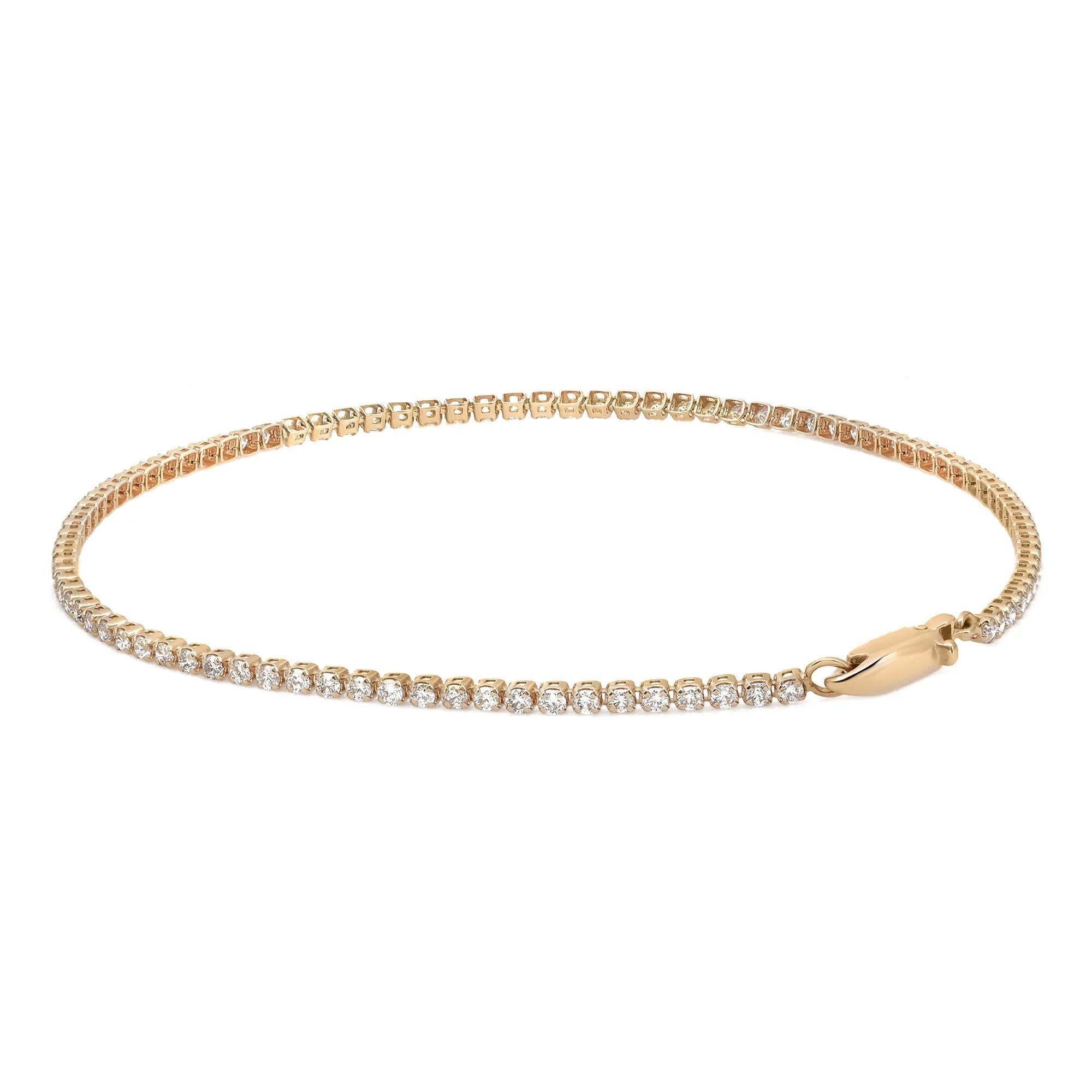 Modern Prong Set Round Cut Diamond Tennis Bracelet 14K Yellow Gold 1.02Ctw 7 Inches For Sale