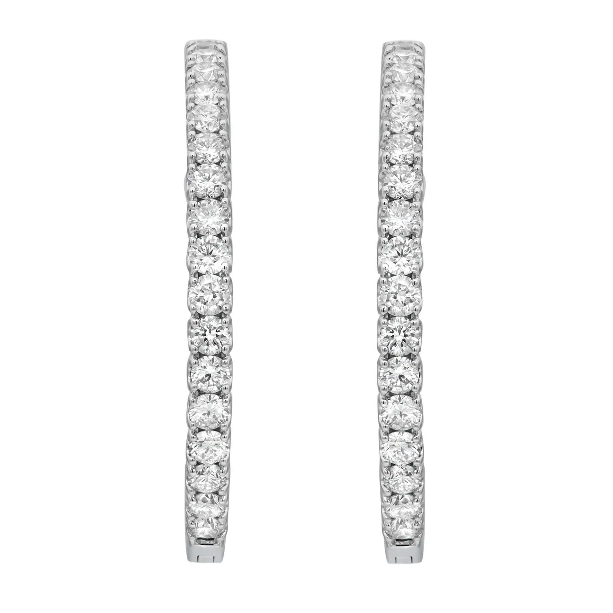 Prong Set Round Cut Inside Out Diamond Hoop Earrings 14K White Gold 2.35Cttw