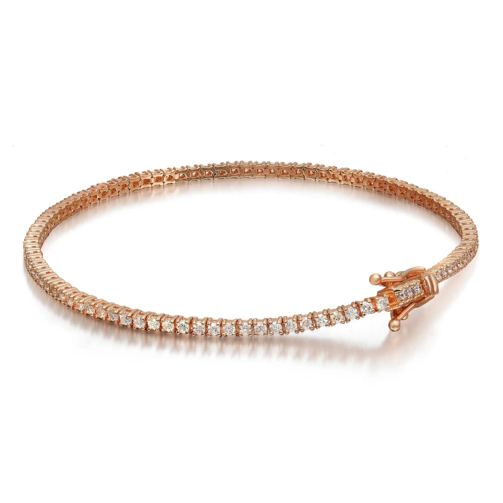 This beautifully crafted Rachel Koen tennis bracelet features prong set round brilliant cut diamonds studded in lustrous 14K rose gold. Total white diamond weight: 0.95 carat. Diamond Quality: G-H color and VS-SI clarity. Bracelet length: 7 inches.