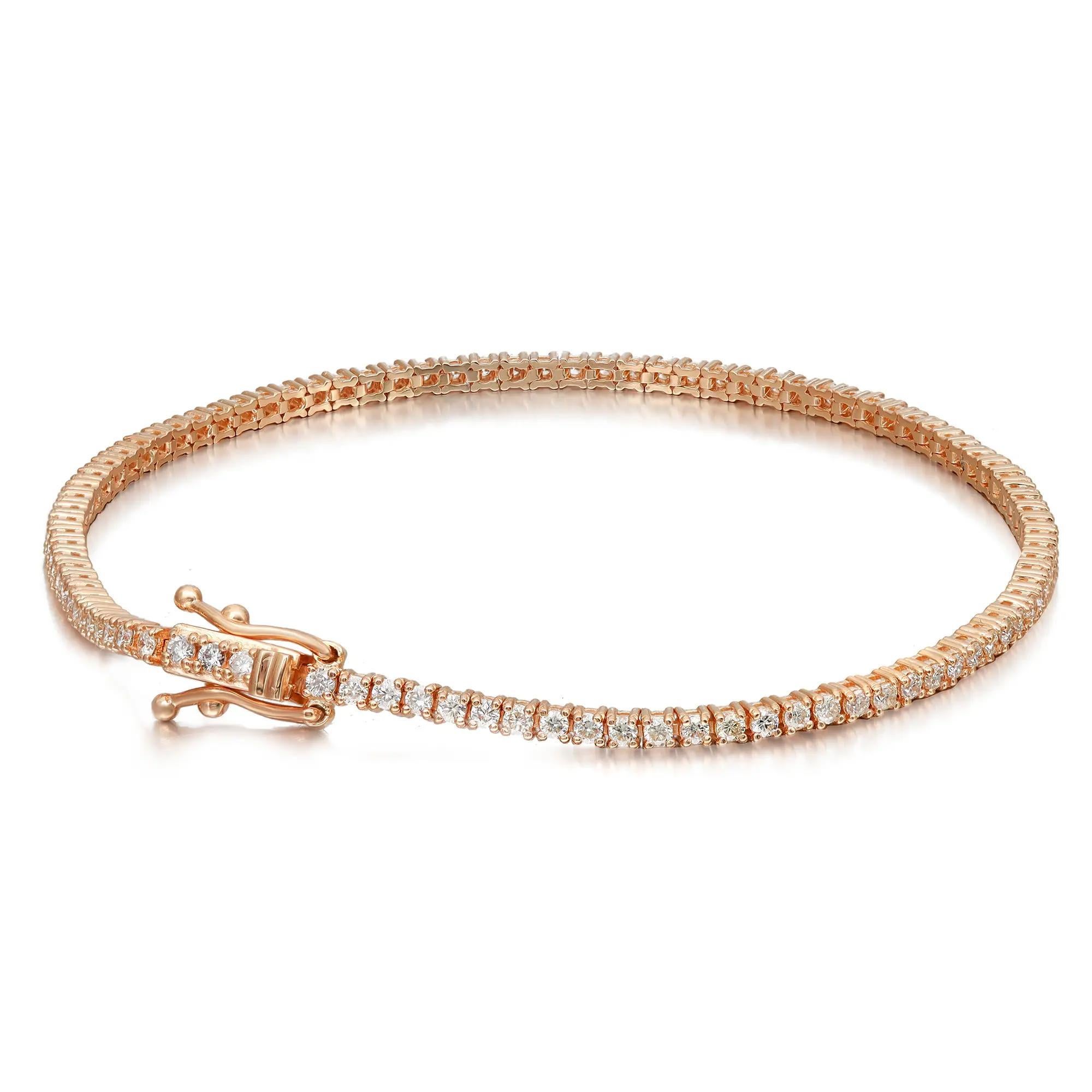 Modern Prong Set Round Diamond Tennis Bracelet 14K Rose Gold 0.95Cttw 7 Inches For Sale