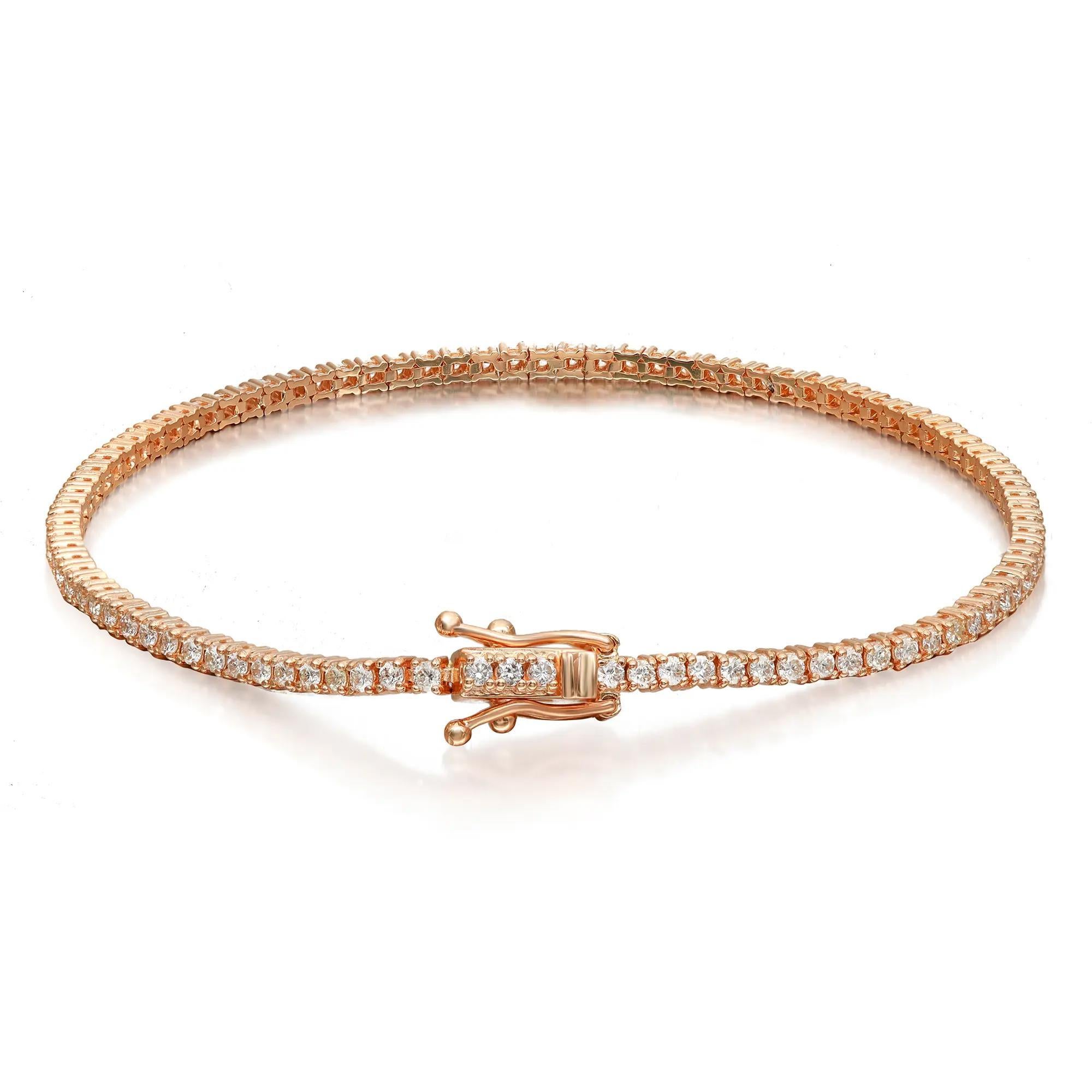 Round Cut Prong Set Round Diamond Tennis Bracelet 14K Rose Gold 0.95Cttw 7 Inches For Sale