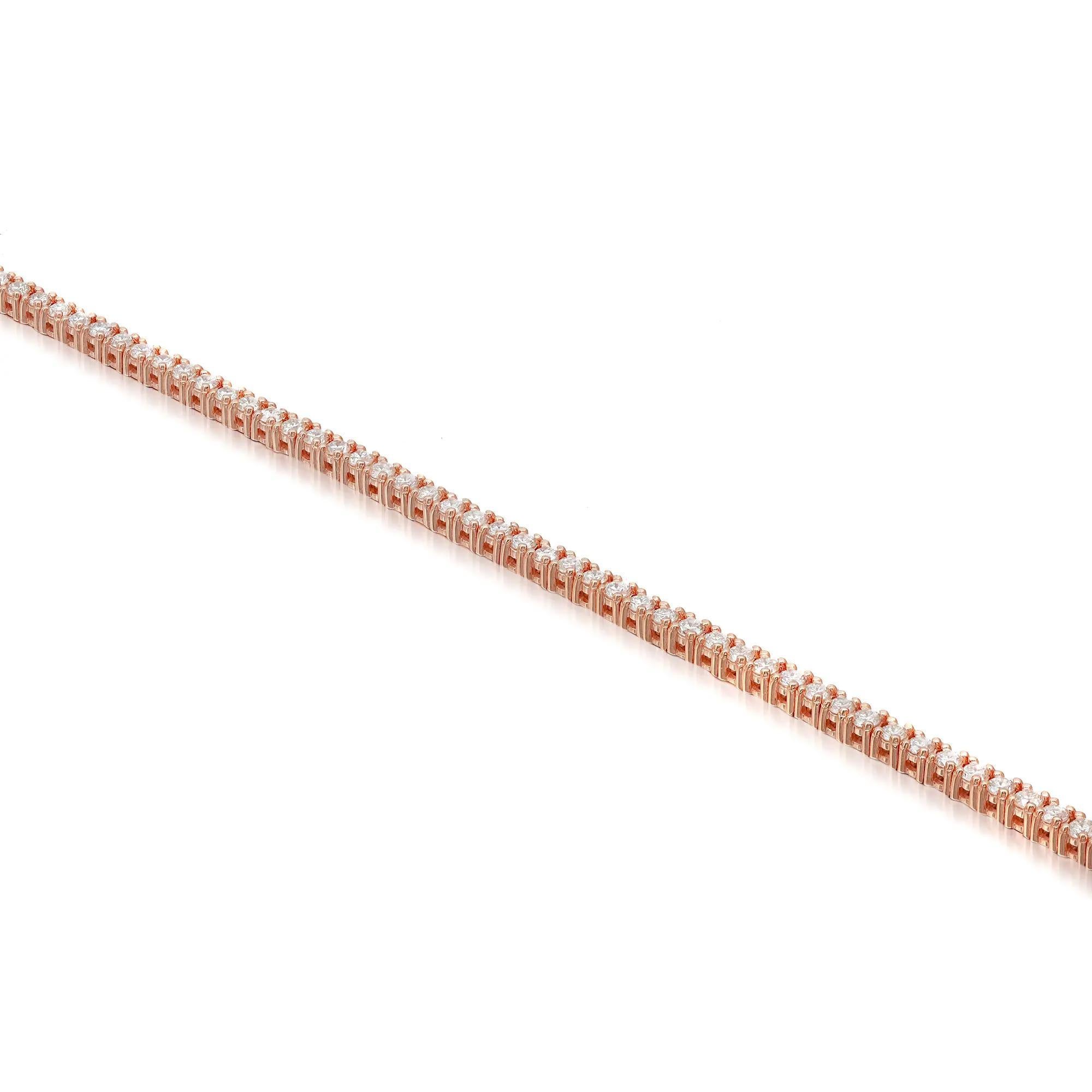 Prong Set Round Diamond Tennis Bracelet 14K Rose Gold 0.95Cttw 7 Inches In New Condition For Sale In New York, NY