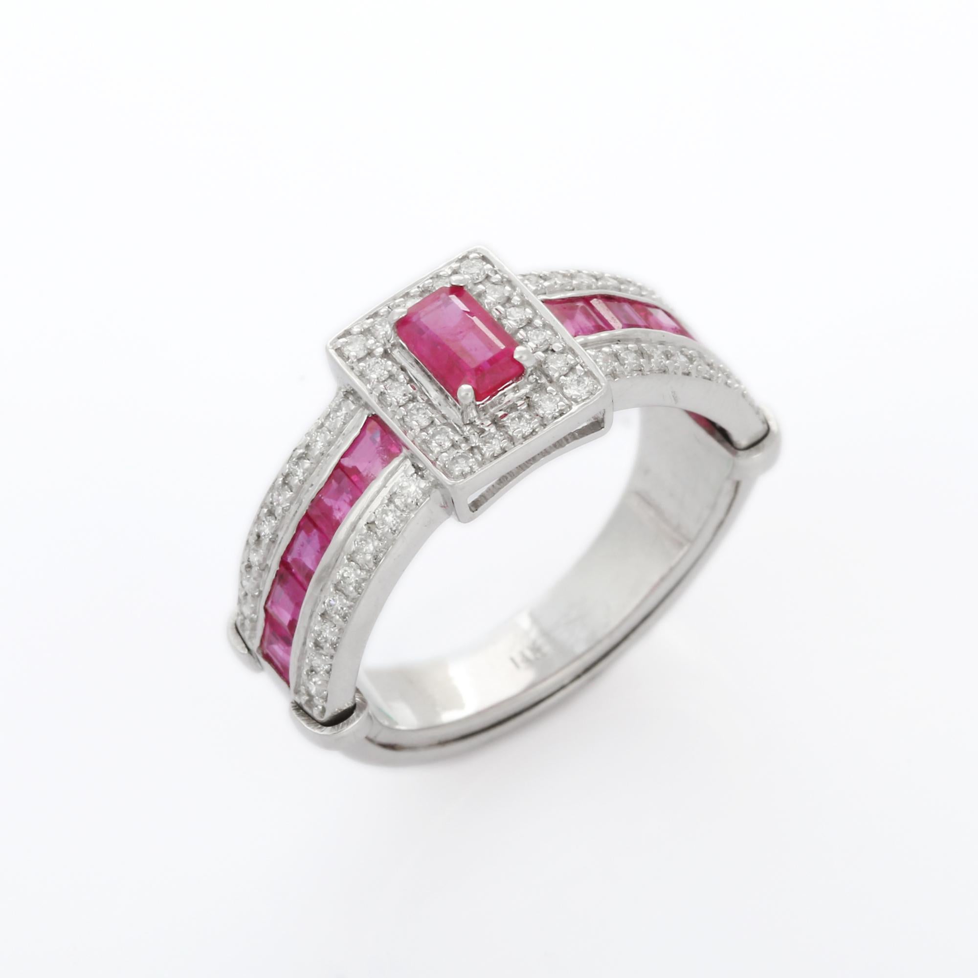 For Sale:  Prong Set Ruby Cluster Ring in 14K White Gold with Diamonds    12