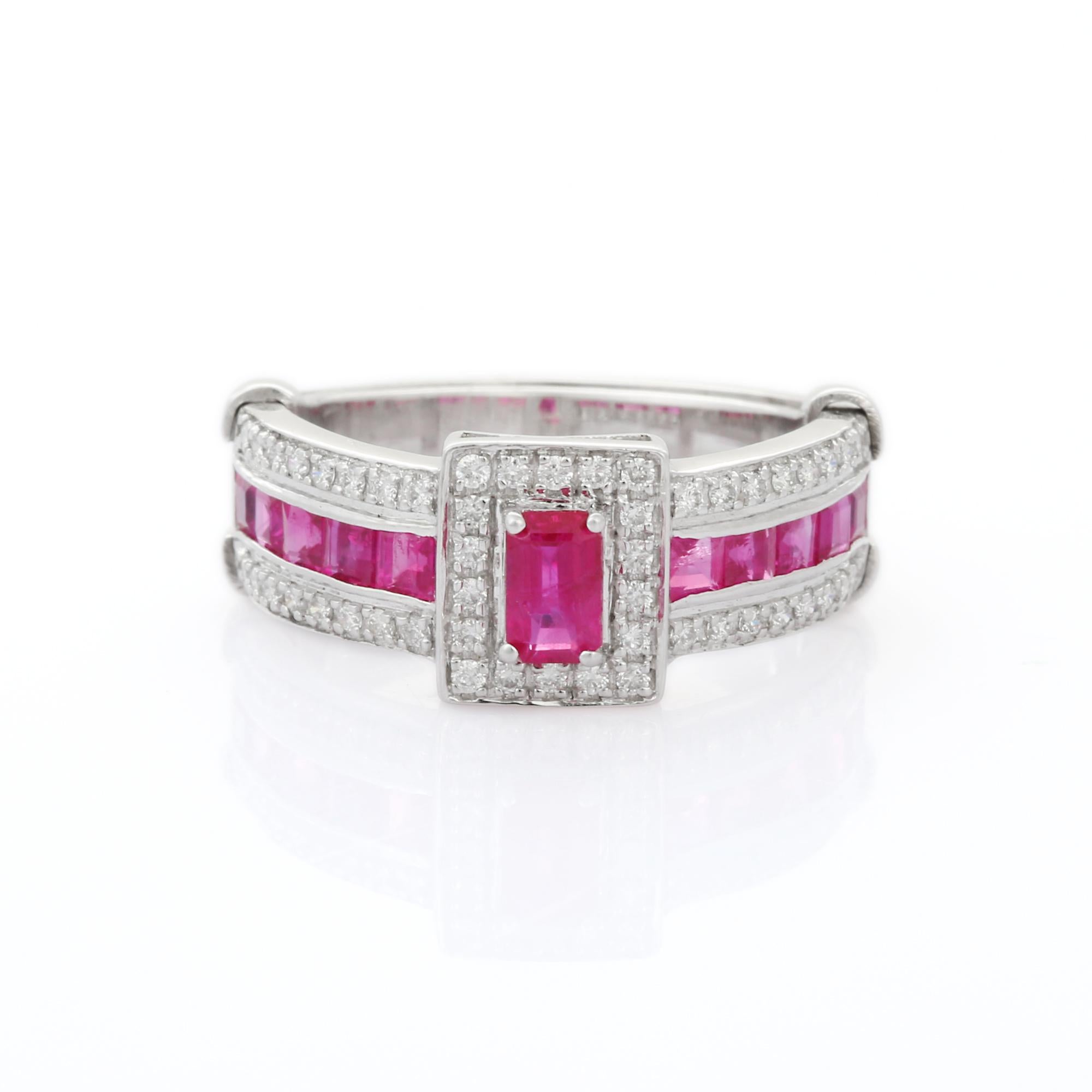 For Sale:  Prong Set Ruby Cluster Ring in 14K White Gold with Diamonds    15