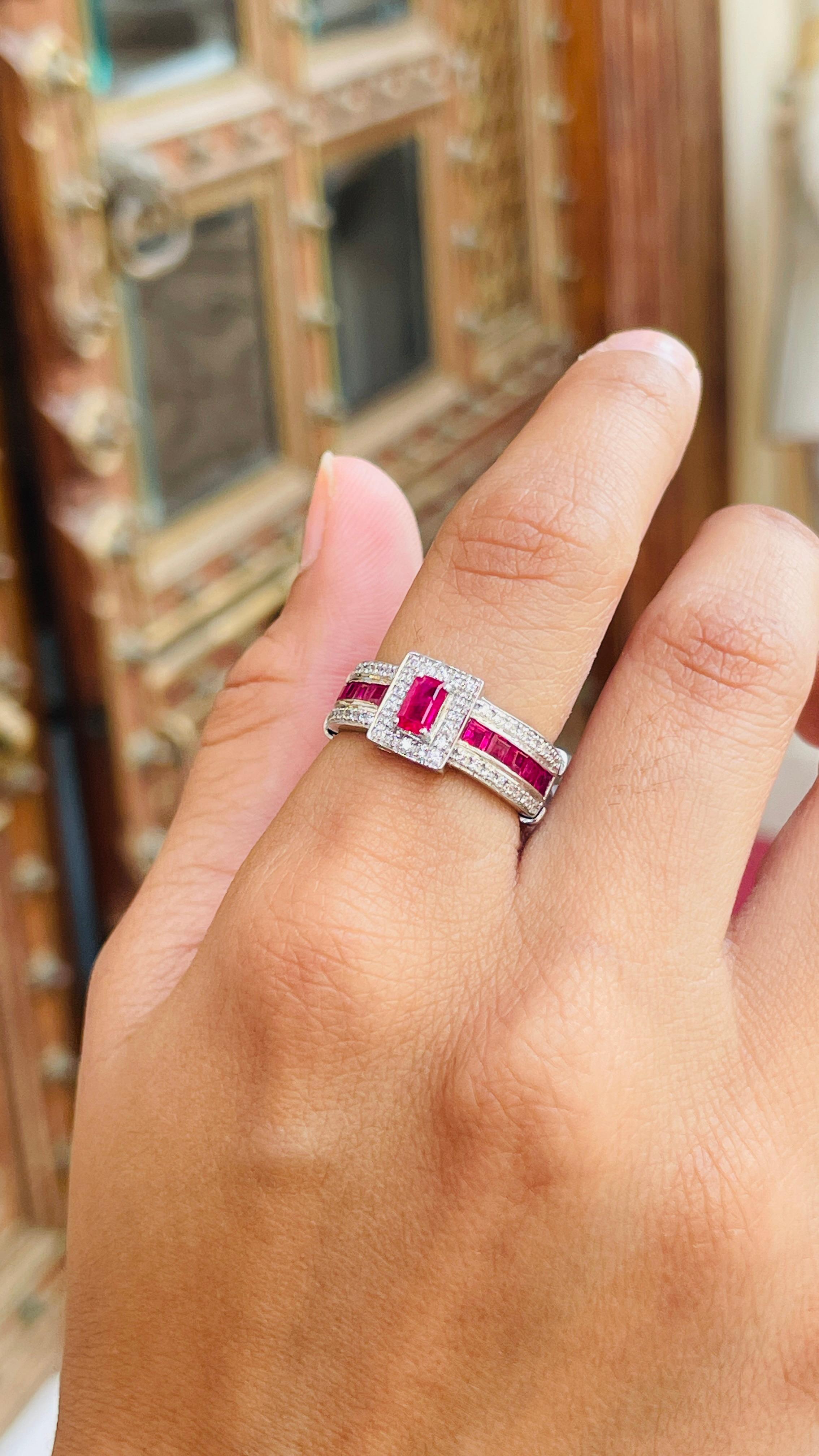 For Sale:  Prong Set Ruby Cluster Ring in 14K White Gold with Diamonds    2