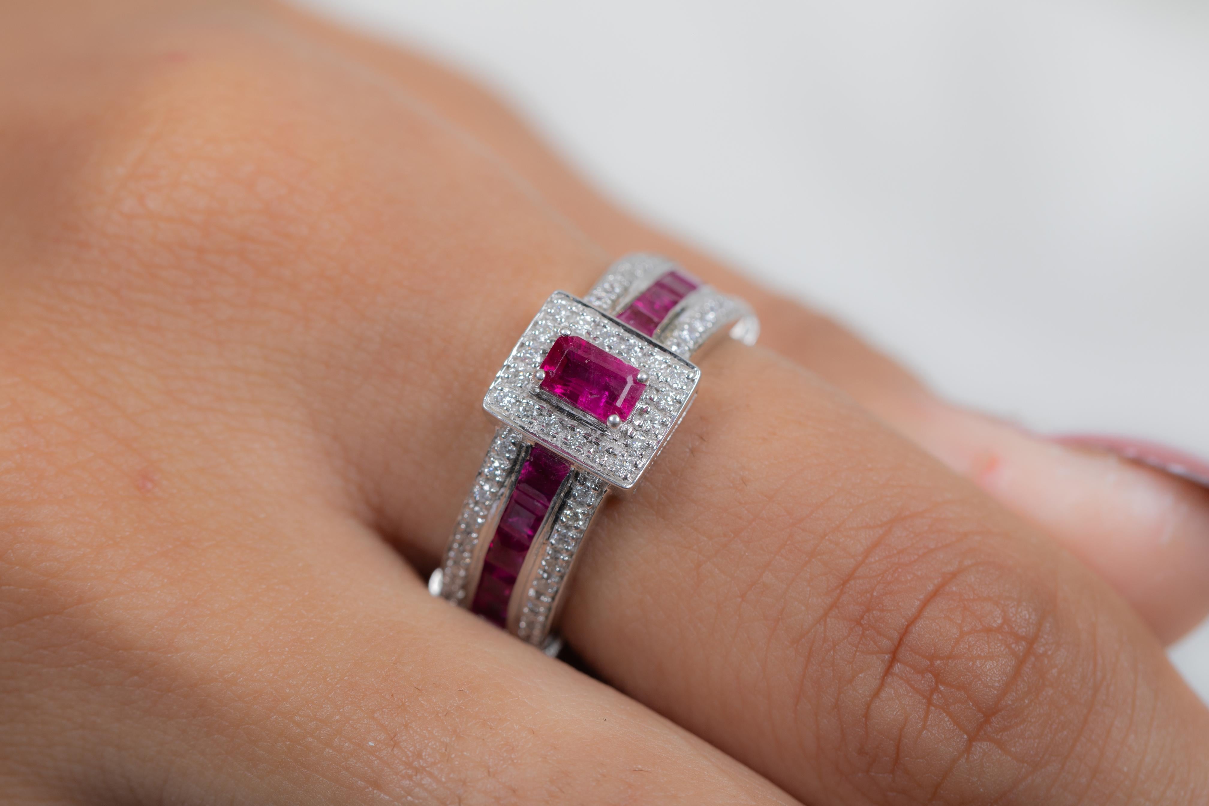 For Sale:  Prong Set Ruby Cluster Ring in 14K White Gold with Diamonds    3
