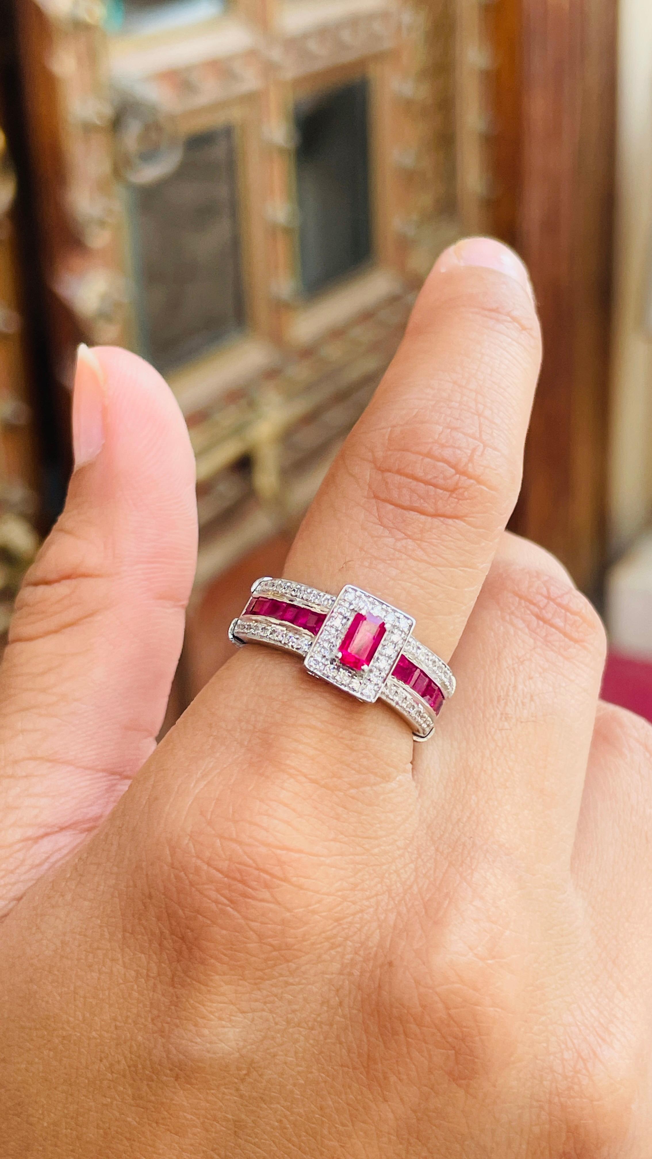 For Sale:  Prong Set Ruby Cluster Ring in 14K White Gold with Diamonds    7