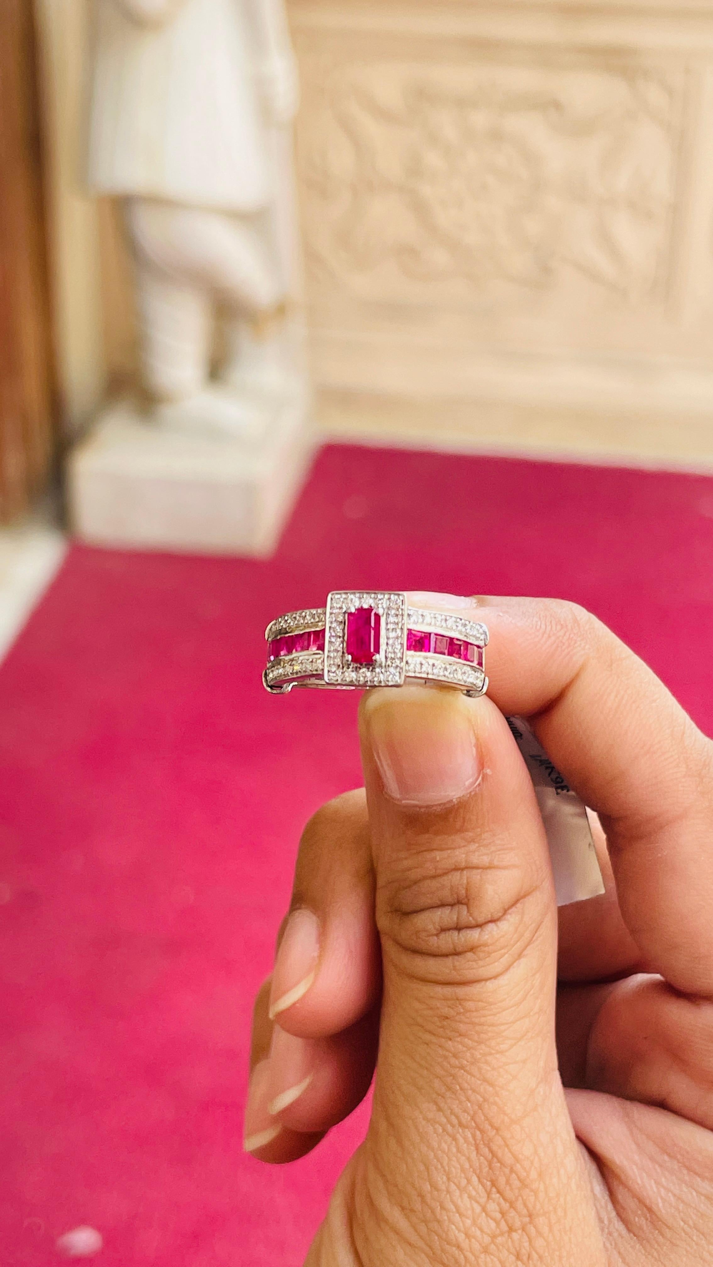 For Sale:  Prong Set Ruby Cluster Ring in 14K White Gold with Diamonds    9