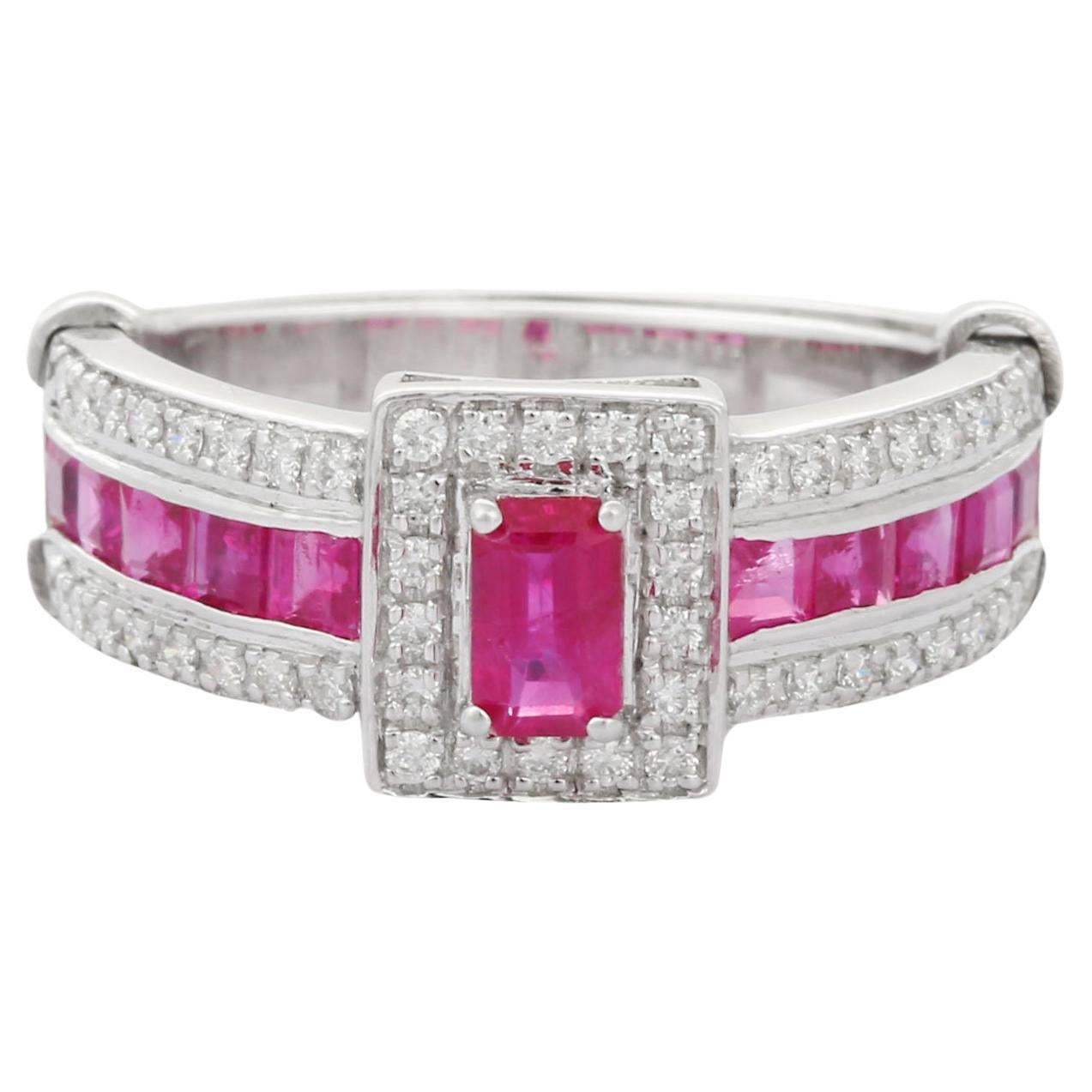 For Sale:  Prong Set Ruby Cluster Ring in 14K White Gold with Diamonds