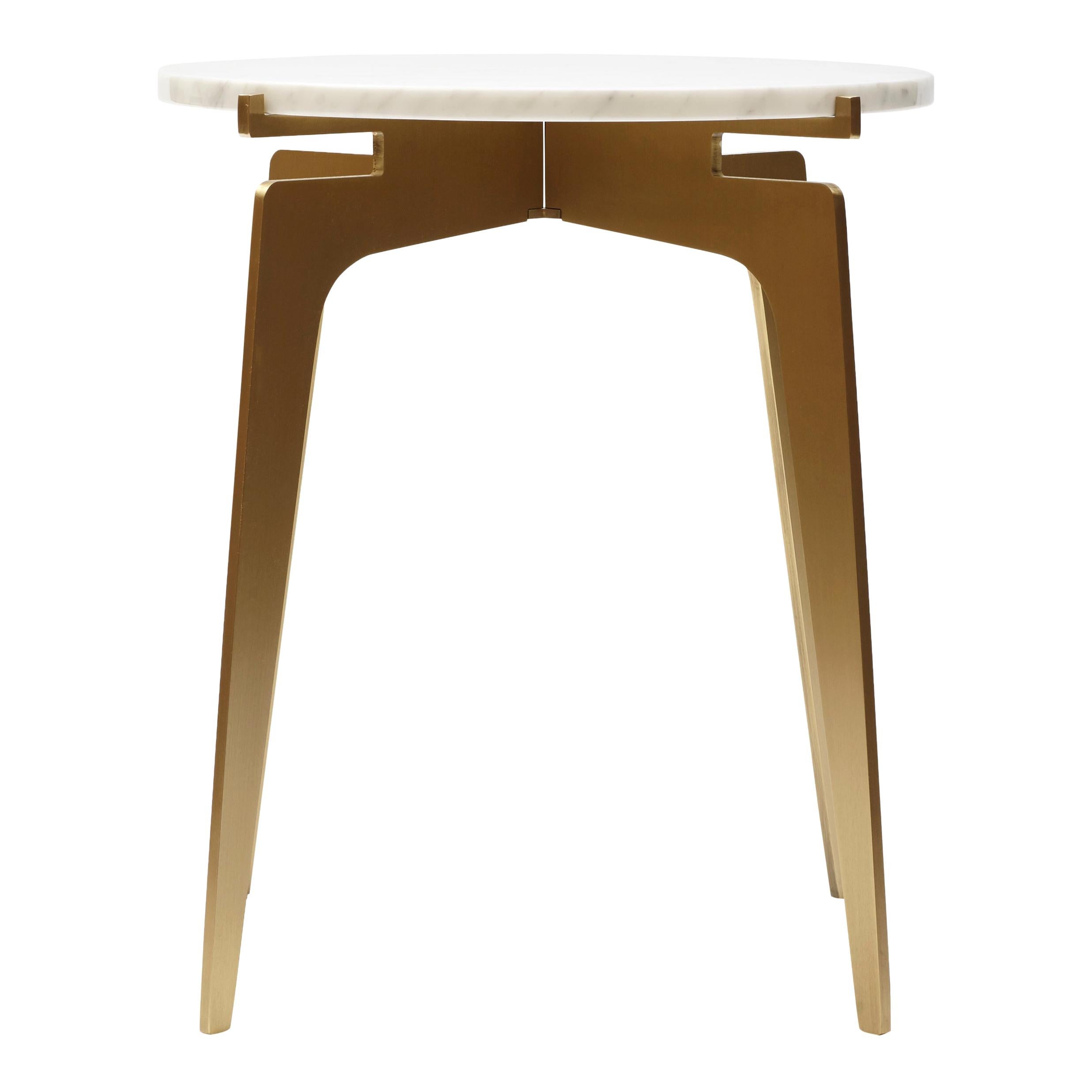 White (Carrara - White Stone) Prong Side Table in Satin Brass Base with Marble Top by Gabriel Scott