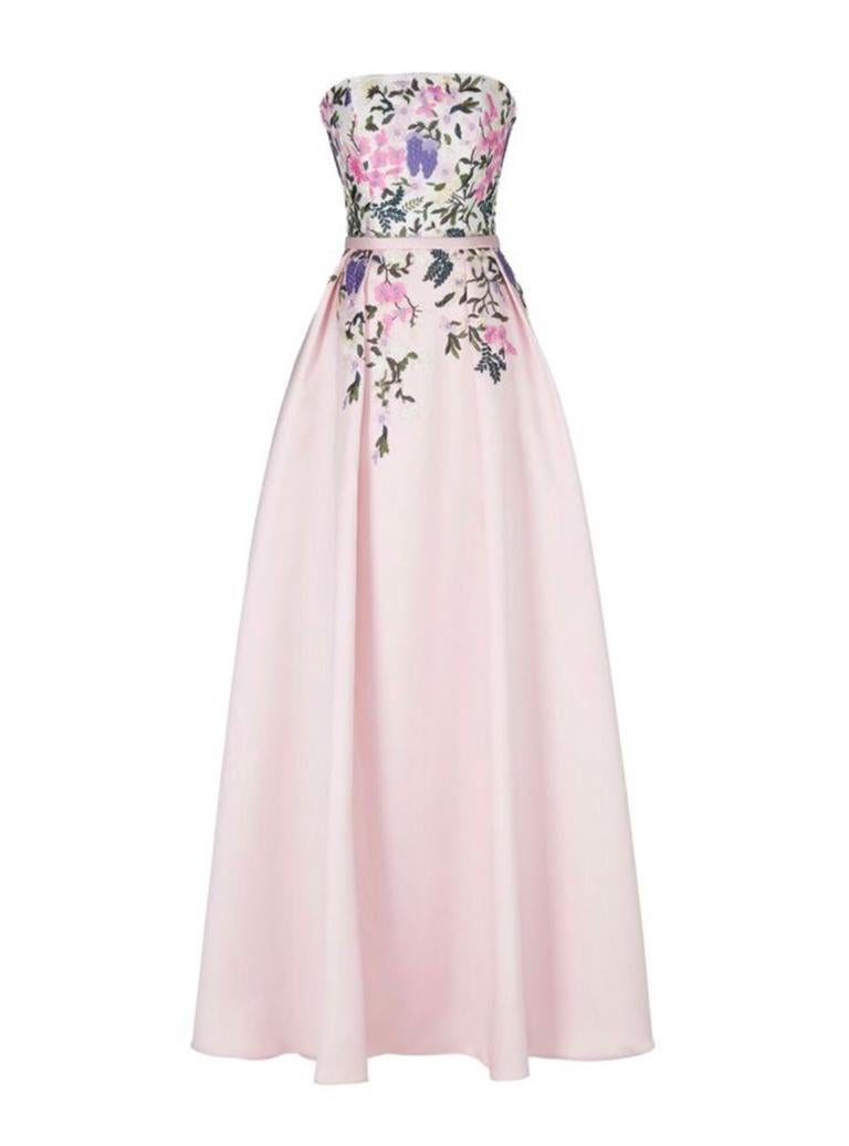 Pronovias Pink cocktail weeding dress with embroided flowers  3