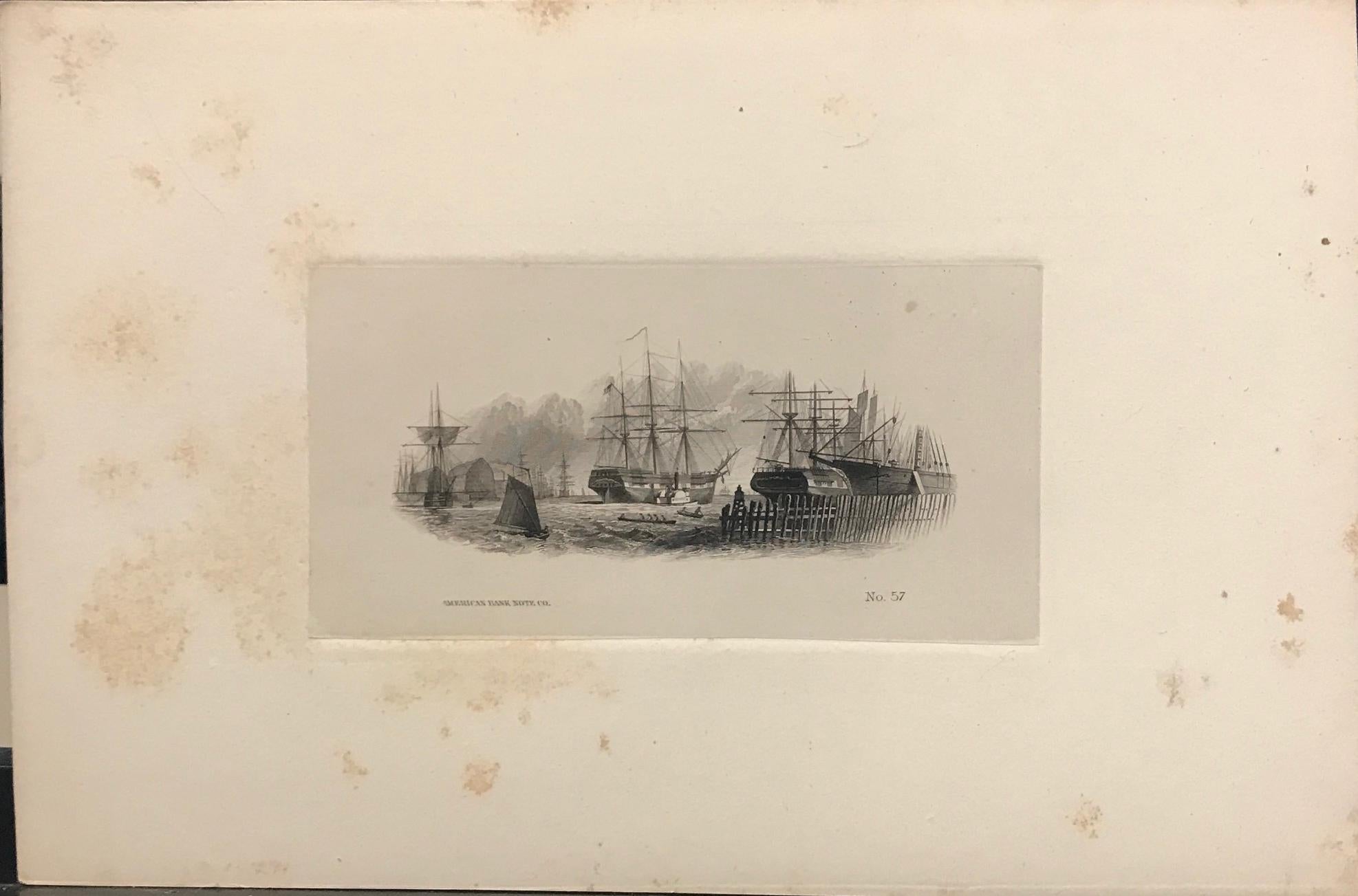 Harbour view with sailing ships, American Bank Note Co., #57

Engraving on paper, circa 1870, cut out and glued on strong sunken paper ( stained, rubbed and tained by age), ready to be framed in. The person who did this put a lot effort in this
