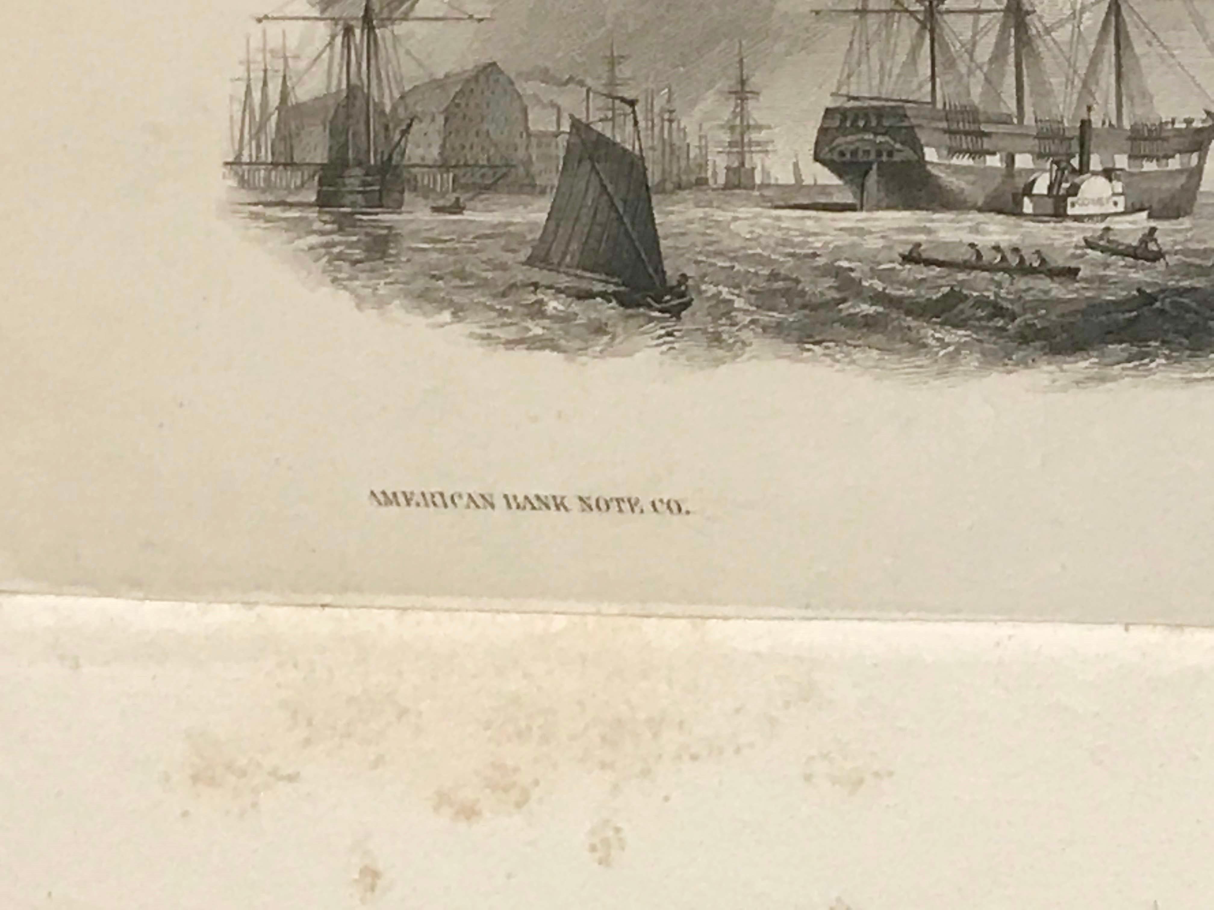 Other Proof of an American Bank Note, Harbour View with Sailing Ships, 57, circa 1870 For Sale