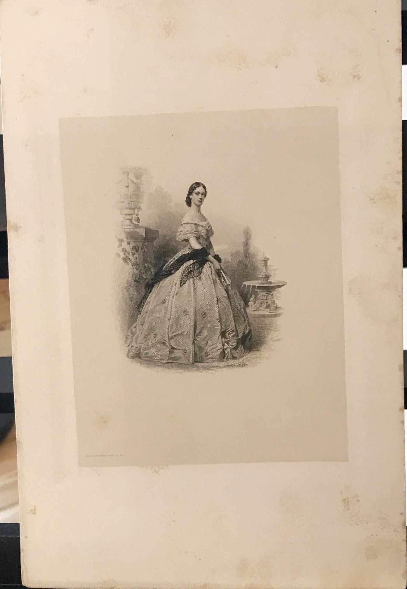 Showing a Princess (probl. Princess Alexandria) or a noble girl in a very stylish ball gown (Hoop skirt, stole and fan) in a garden scene (Fountain in the background and on the left side a stone stele with an flower pot on it), American Bank Note