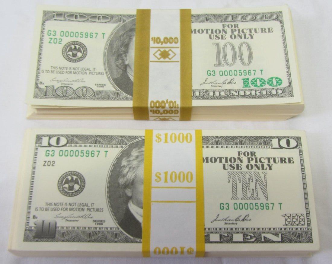 Two packs of prop dollars, one pack of $10 and the other $100 are available.

These were used in popular films such as the Ocean’s Eleven, Kill Bill and Bad Boys II films during a variety of exciting scenes. 

Ocean’s Eleven (2001), Kill Bill (2003)