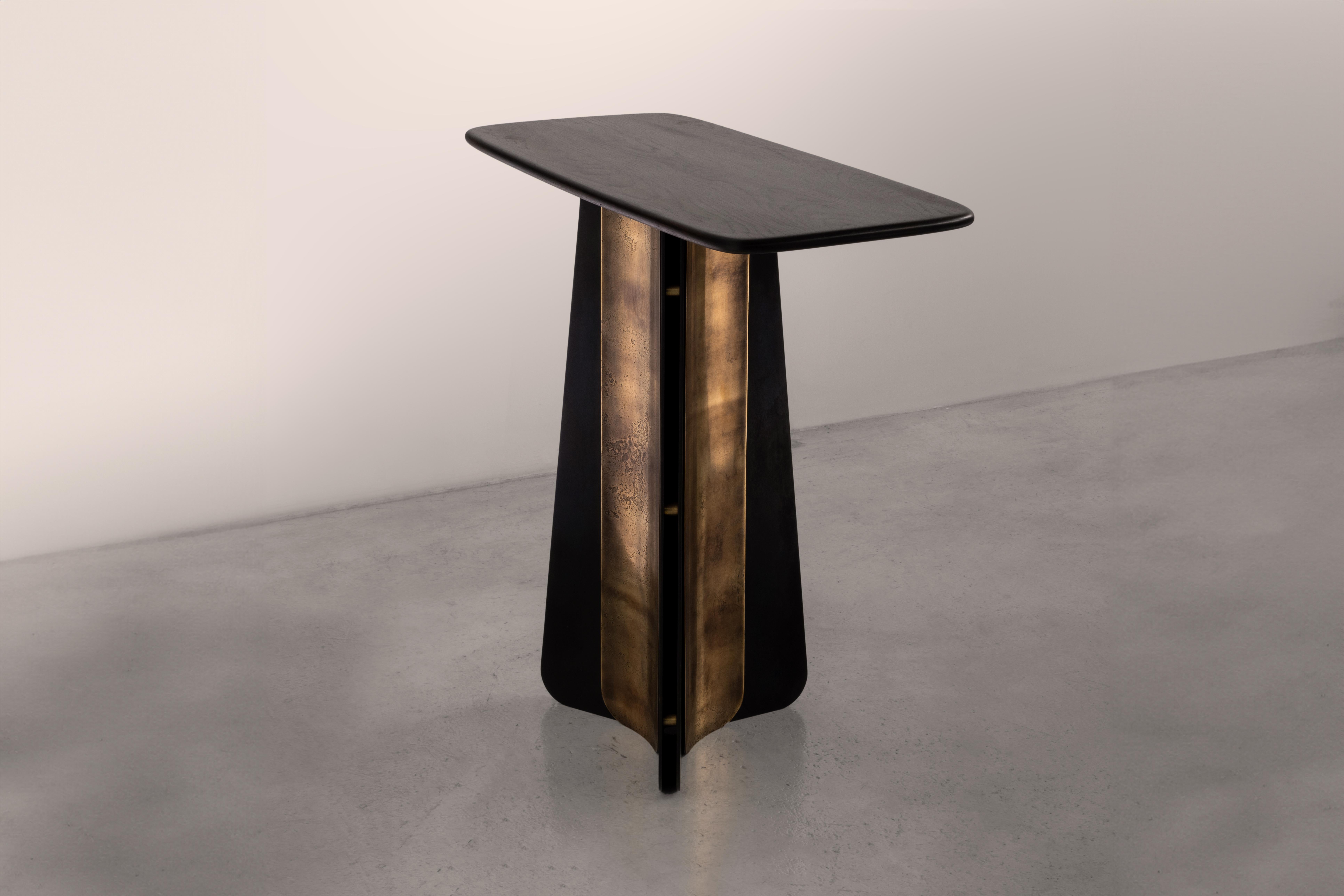 Art Deco Propeller Console Table — Steel & Brass Base — Bullnosed Oak Top For Sale