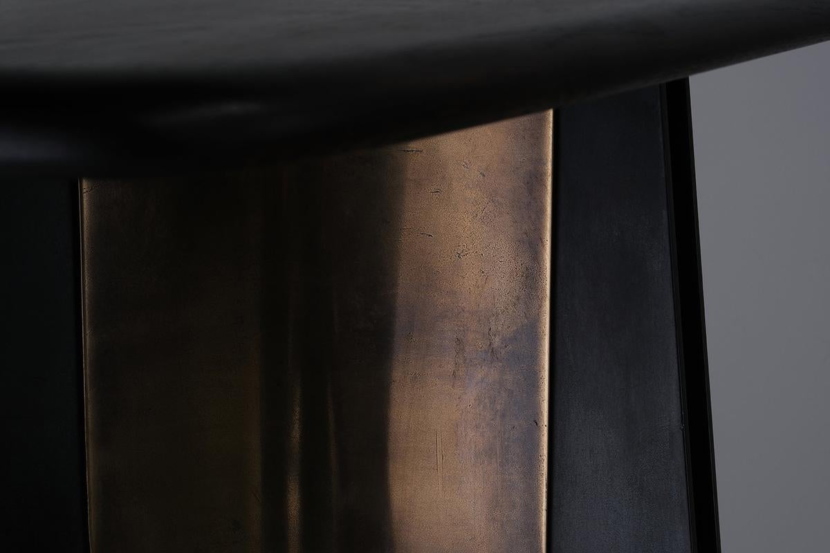 Beveled Propeller Console Table — Steel & Brass Base — Bullnosed Oak Top For Sale