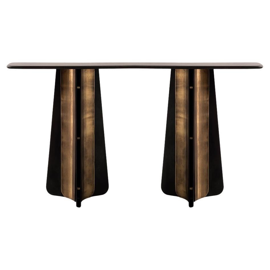 Propeller Console Table — Steel & Brass Base — Bullnosed Oak Top