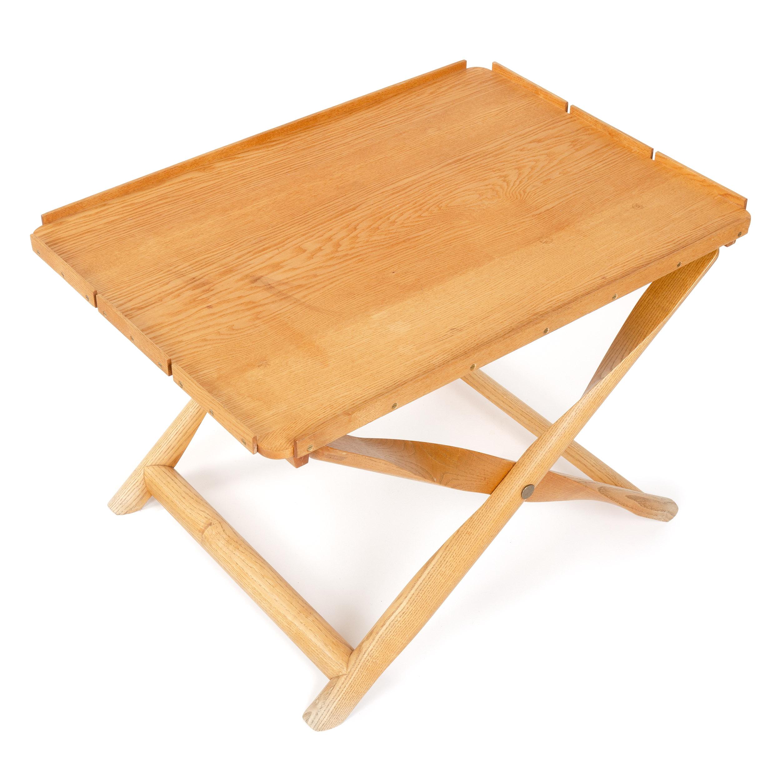 A rare folding ash “propeller” stool or table with a canvas sling supporting a removable tray top.