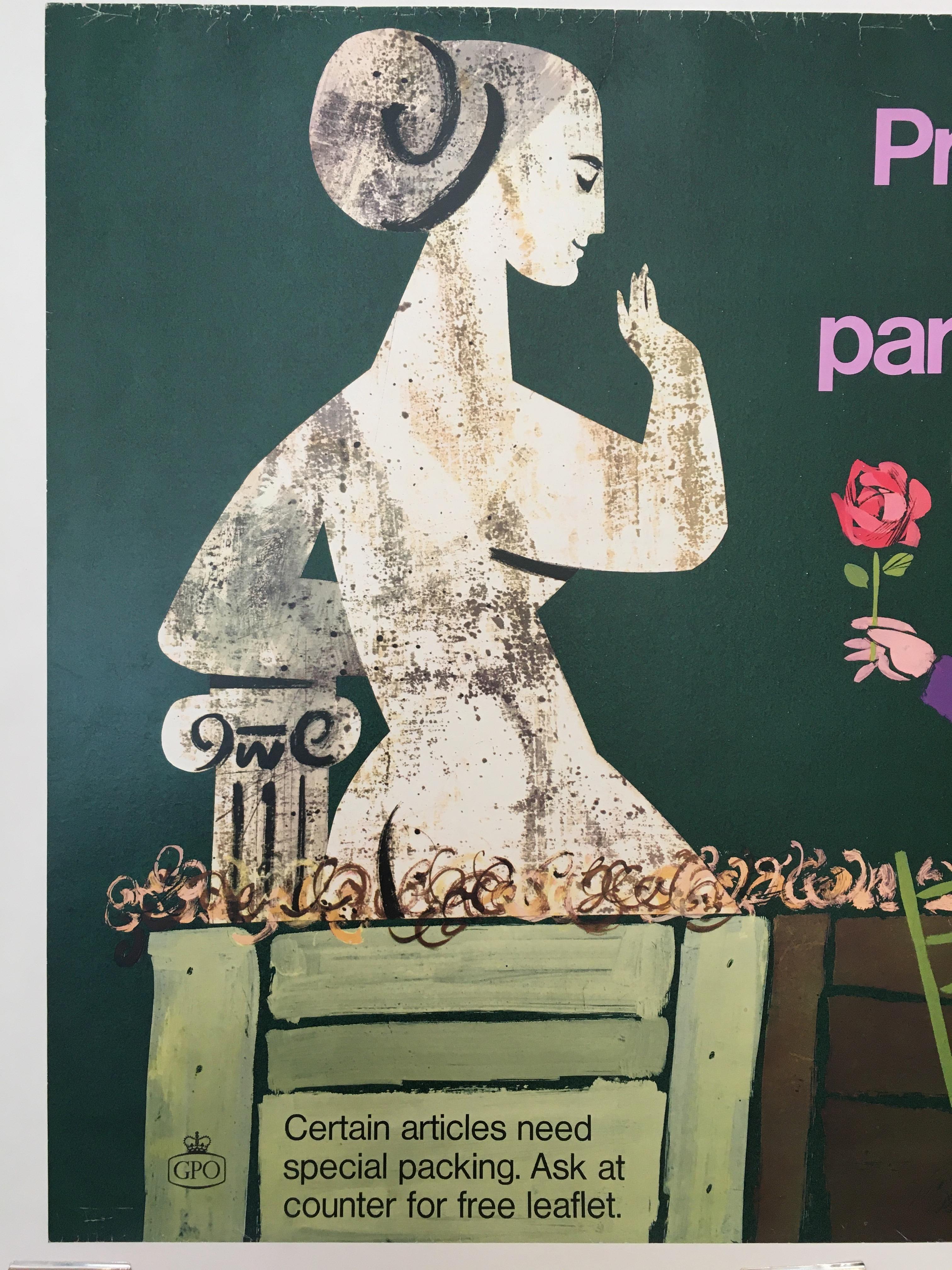 Properly Packed Parcels Please - GPO statue original vintage poster

This poster was part of a series of designs that stretch from 1962 until the early 1970s. They were often humorous, featuring bright colors or children. This poster has been