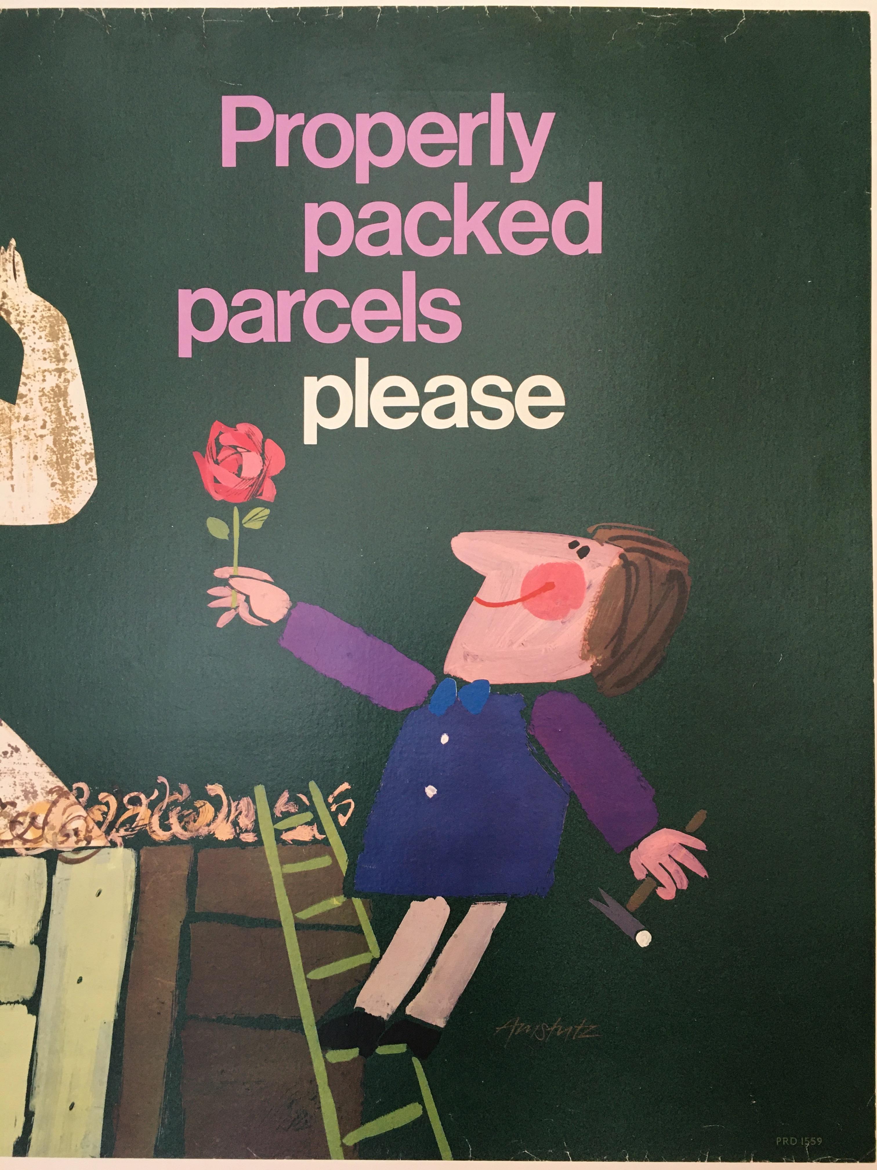 International Style Properly Packed Parcels Please, GPO Statue Original Vintage Poster, circa 1960
