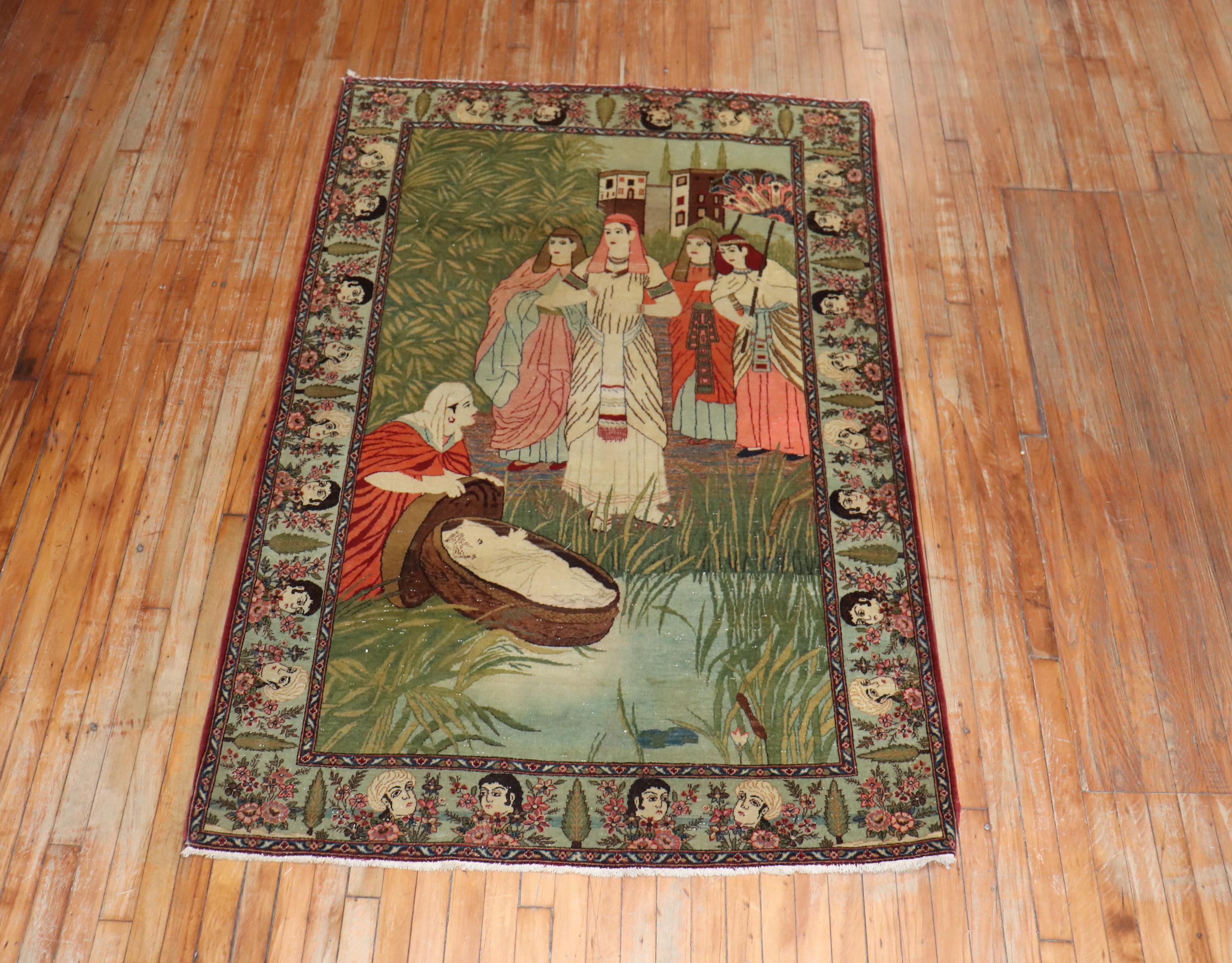 Prophet Baby Moses Persian Kashan Pictorial Wool Rug 3