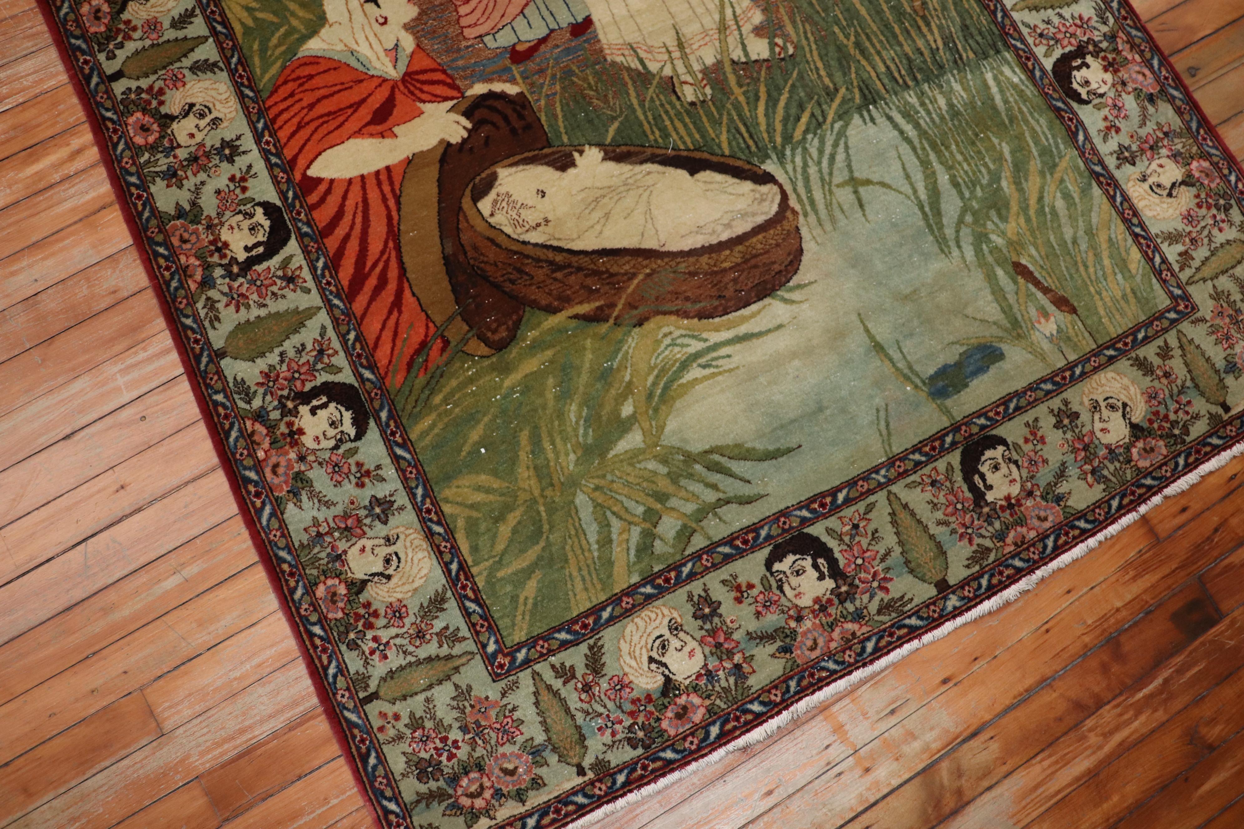 Folk Art Prophet Baby Moses Persian Kashan Pictorial Wool Rug
