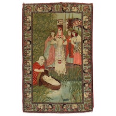 Vintage Prophet Baby Moses Persian Kashan Pictorial Wool Rug