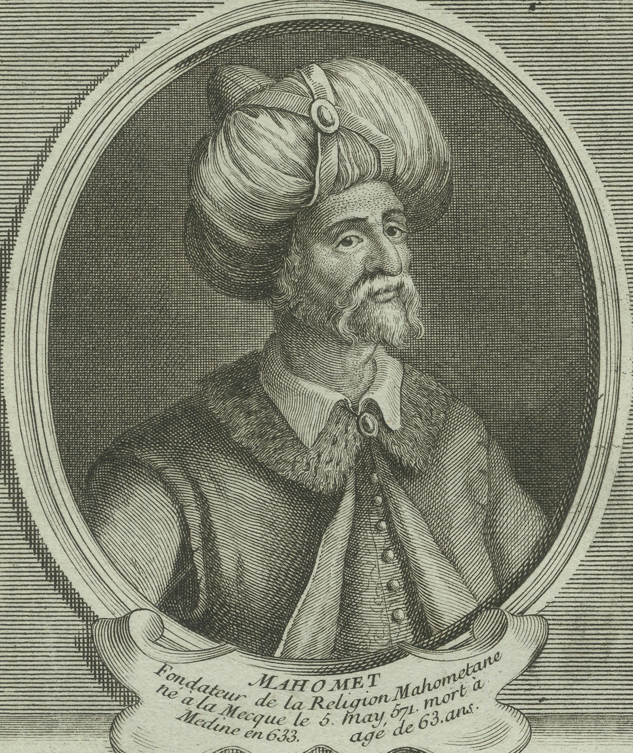 Prophet Mohammed (Mahomet) - Pariser Kupferstich von Daumont, 18. Jahrhundert, um 1770 im Zustand „Gut“ im Angebot in Langweer, NL