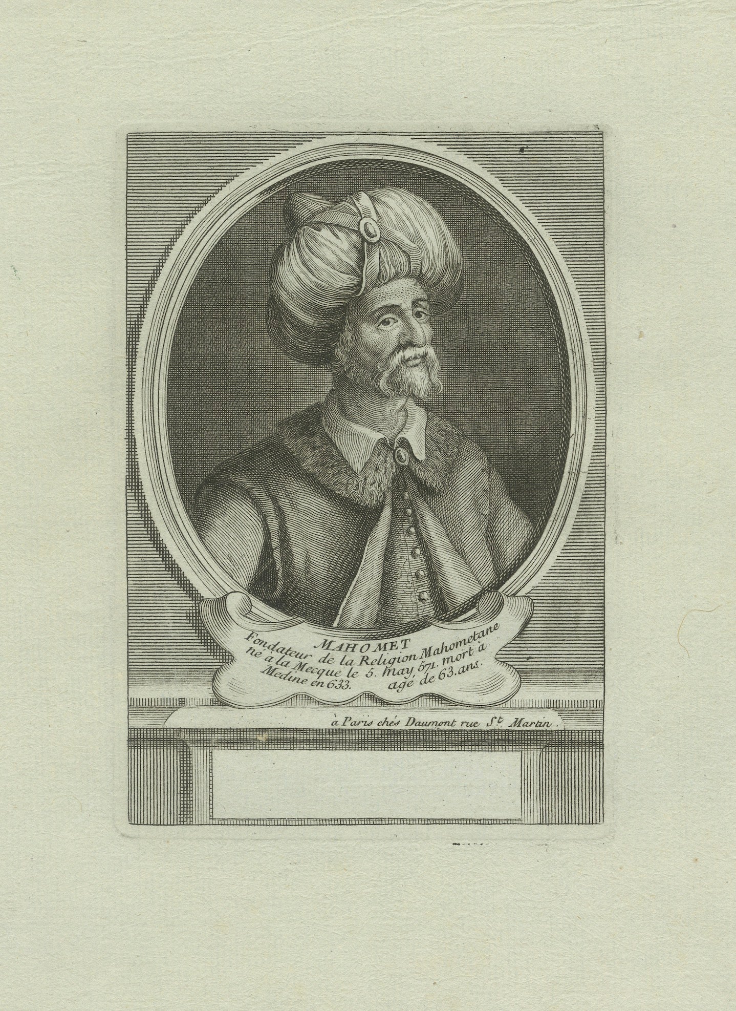 Prophet Mohammed (Mahomet) - Pariser Kupferstich von Daumont, 18. Jahrhundert, um 1770 im Angebot